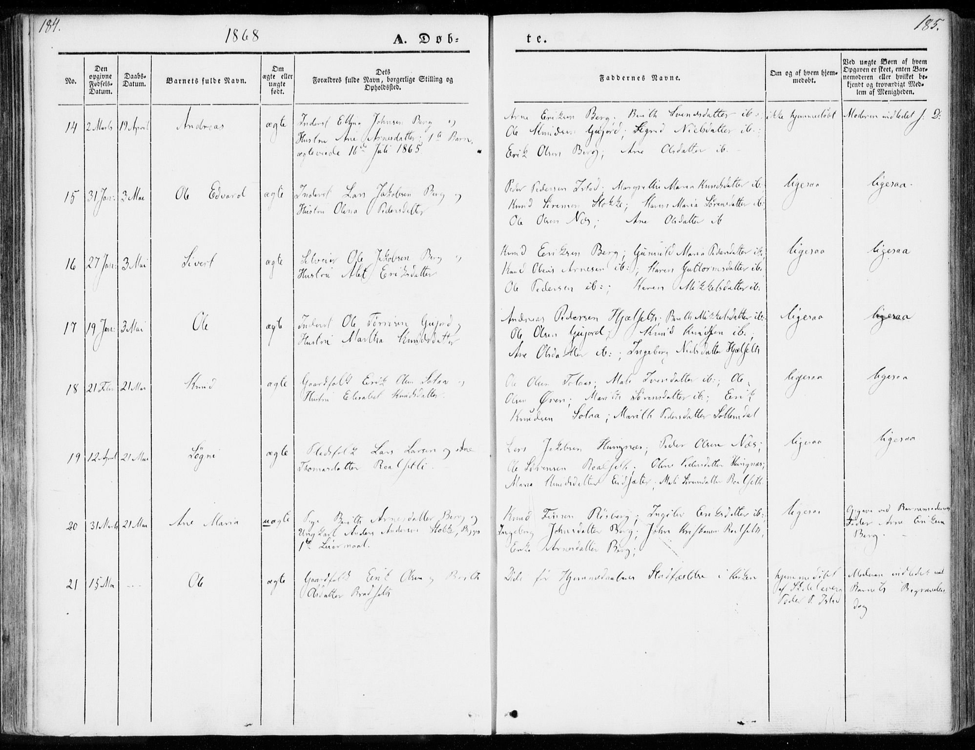 Ministerialprotokoller, klokkerbøker og fødselsregistre - Møre og Romsdal, AV/SAT-A-1454/557/L0680: Parish register (official) no. 557A02, 1843-1869, p. 184-185