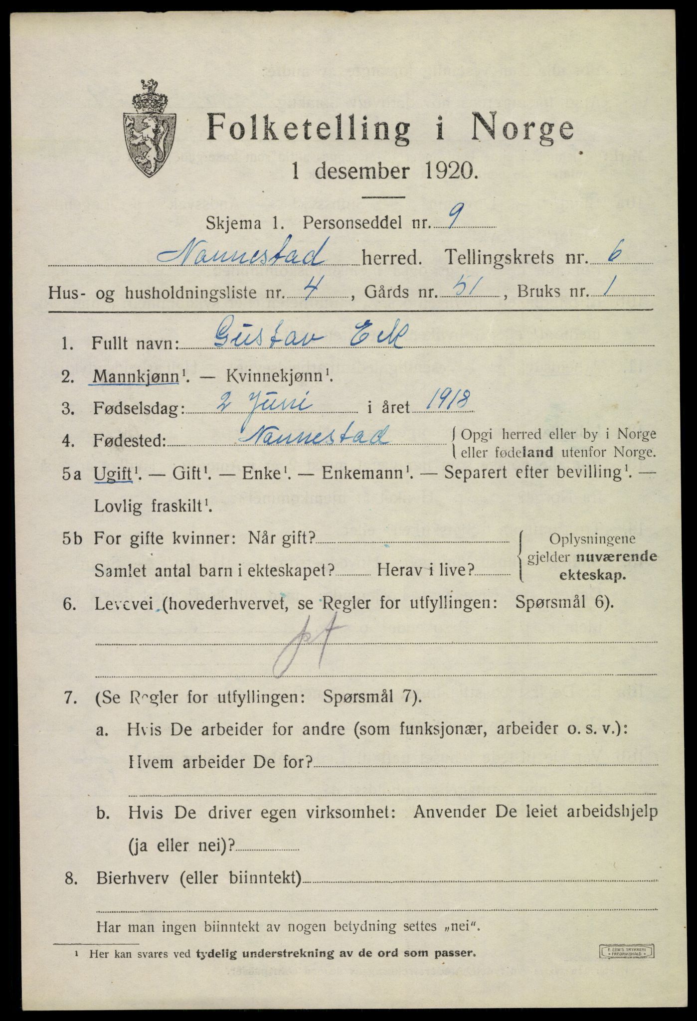 SAO, 1920 census for Nannestad, 1920, p. 7610