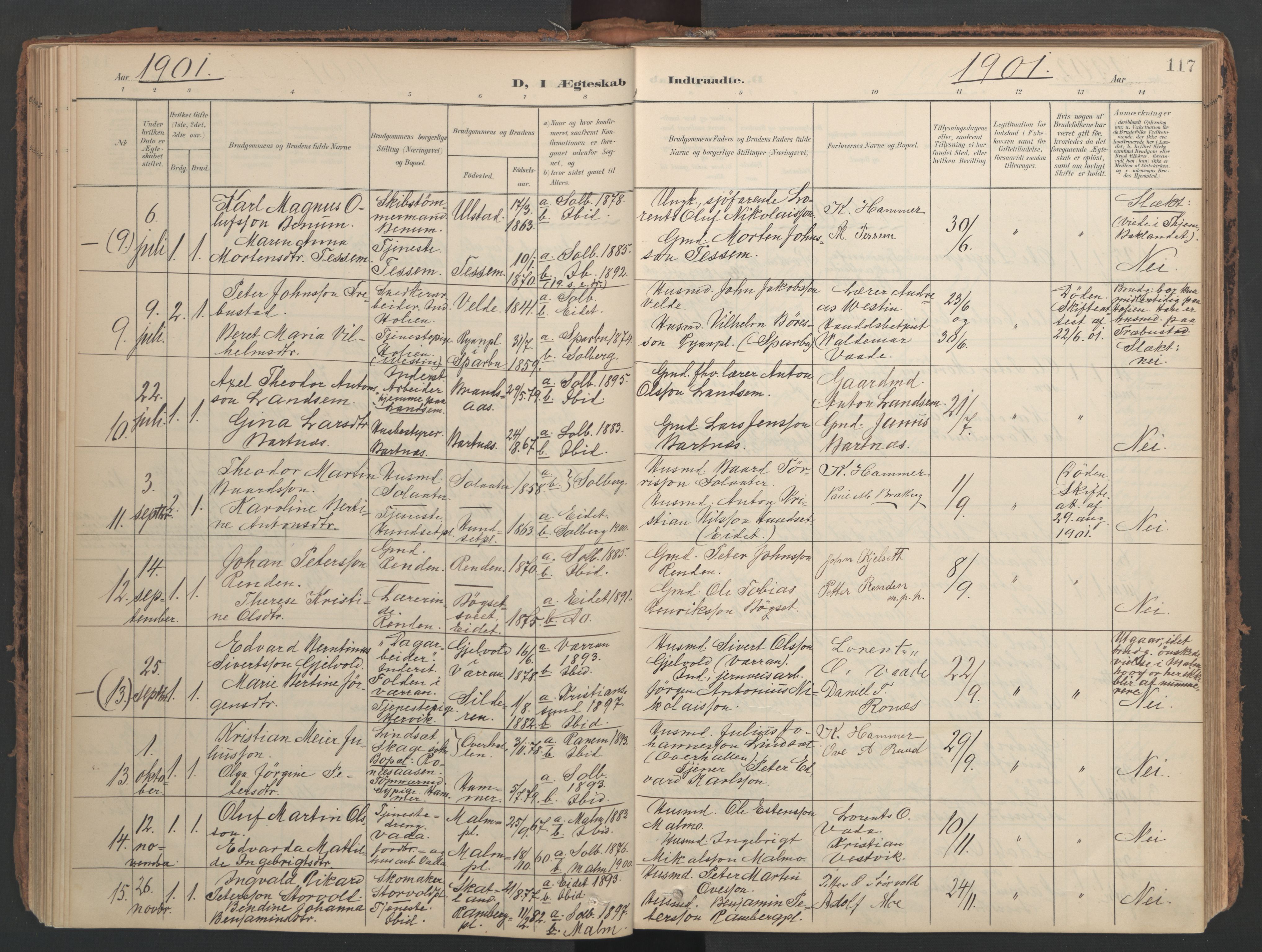 Ministerialprotokoller, klokkerbøker og fødselsregistre - Nord-Trøndelag, AV/SAT-A-1458/741/L0397: Parish register (official) no. 741A11, 1901-1911, p. 117