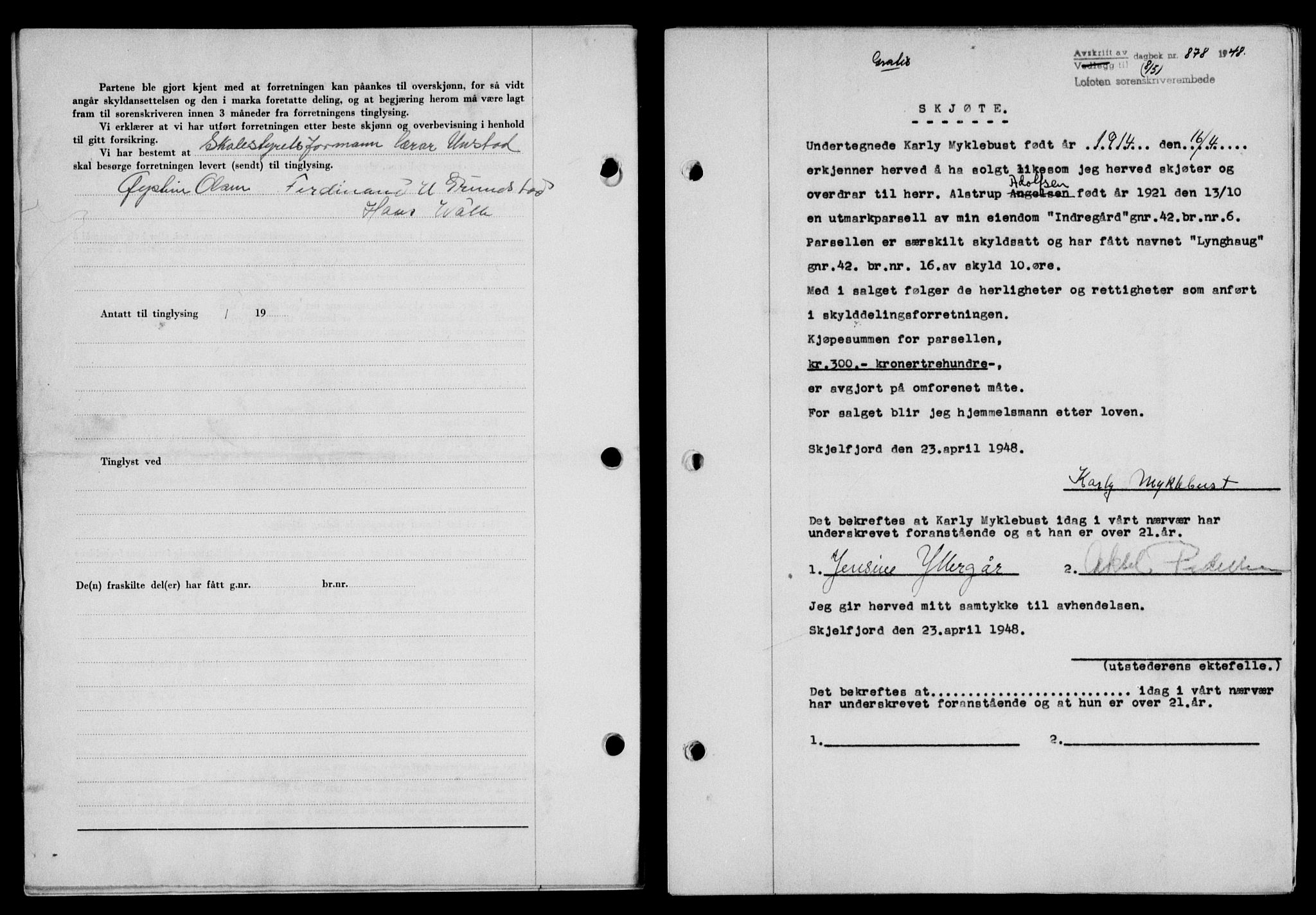 Lofoten sorenskriveri, SAT/A-0017/1/2/2C/L0018a: Mortgage book no. 18a, 1948-1948, Diary no: : 878/1948
