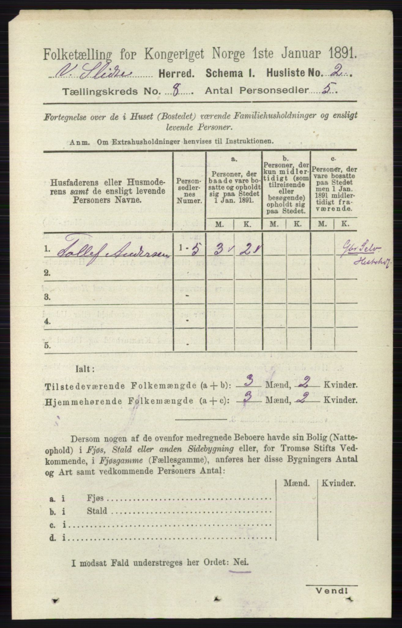 RA, 1891 census for 0543 Vestre Slidre, 1891, p. 2931
