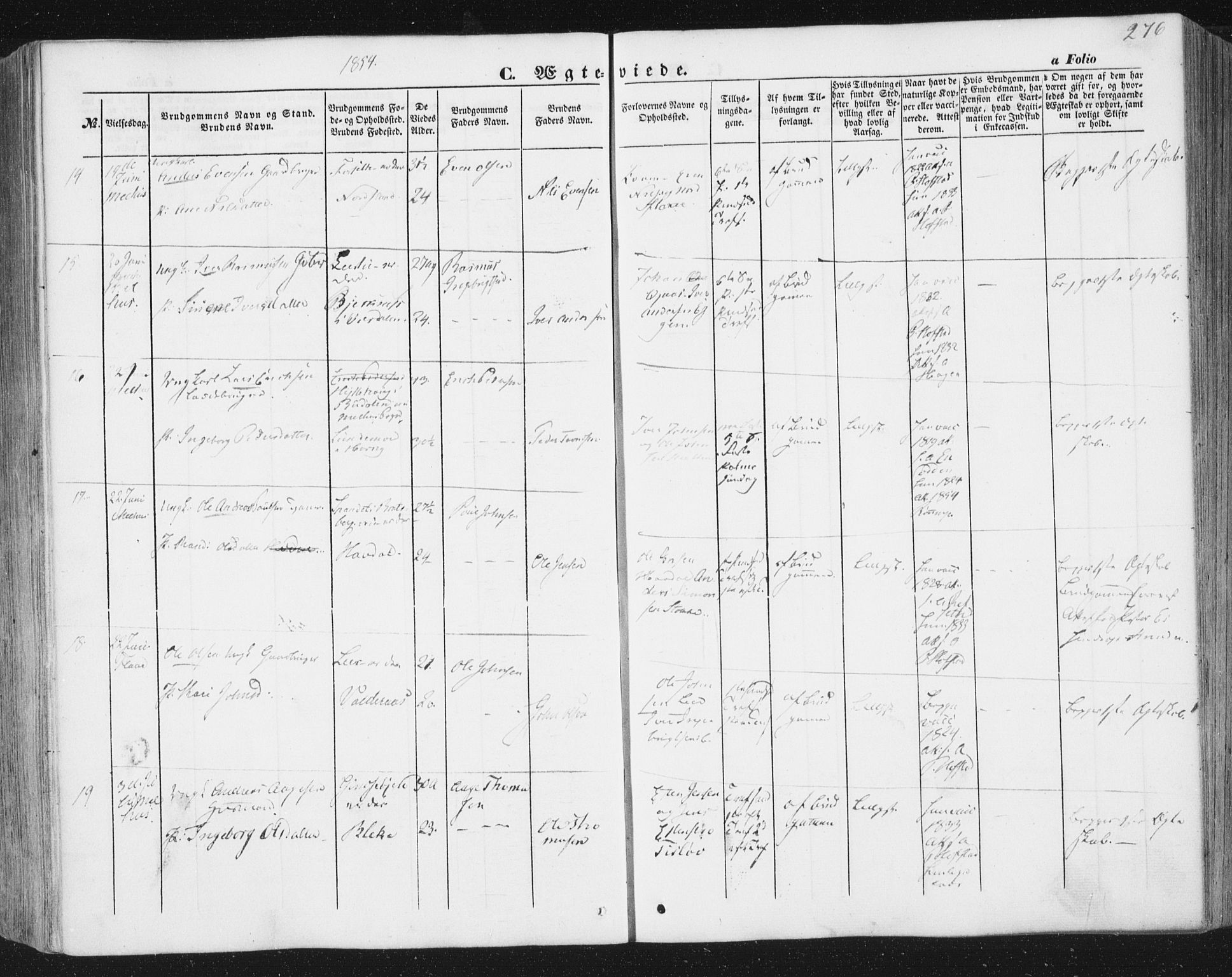 Ministerialprotokoller, klokkerbøker og fødselsregistre - Sør-Trøndelag, AV/SAT-A-1456/691/L1076: Parish register (official) no. 691A08, 1852-1861, p. 276