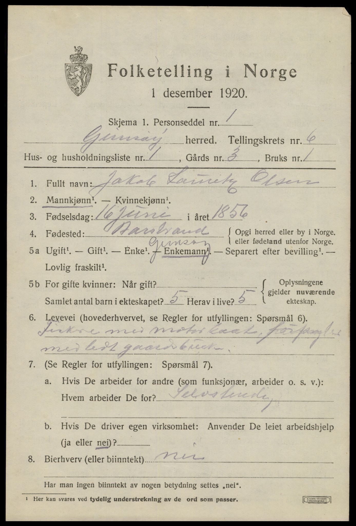 SAT, 1920 census for Gimsøy, 1920, p. 2823