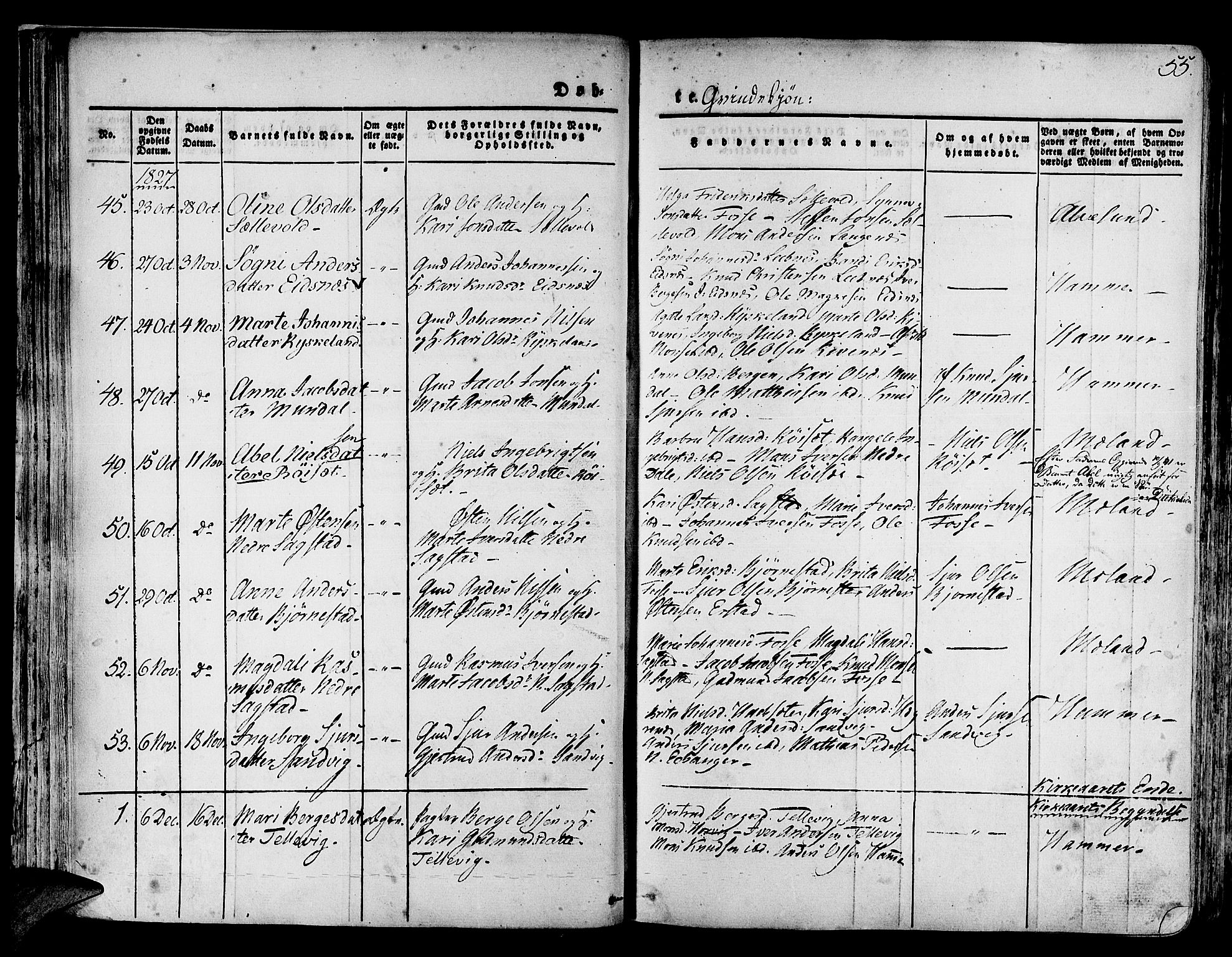 Hamre sokneprestembete, SAB/A-75501/H/Ha/Haa/Haaa/L0011: Parish register (official) no. A 11, 1826-1834, p. 55