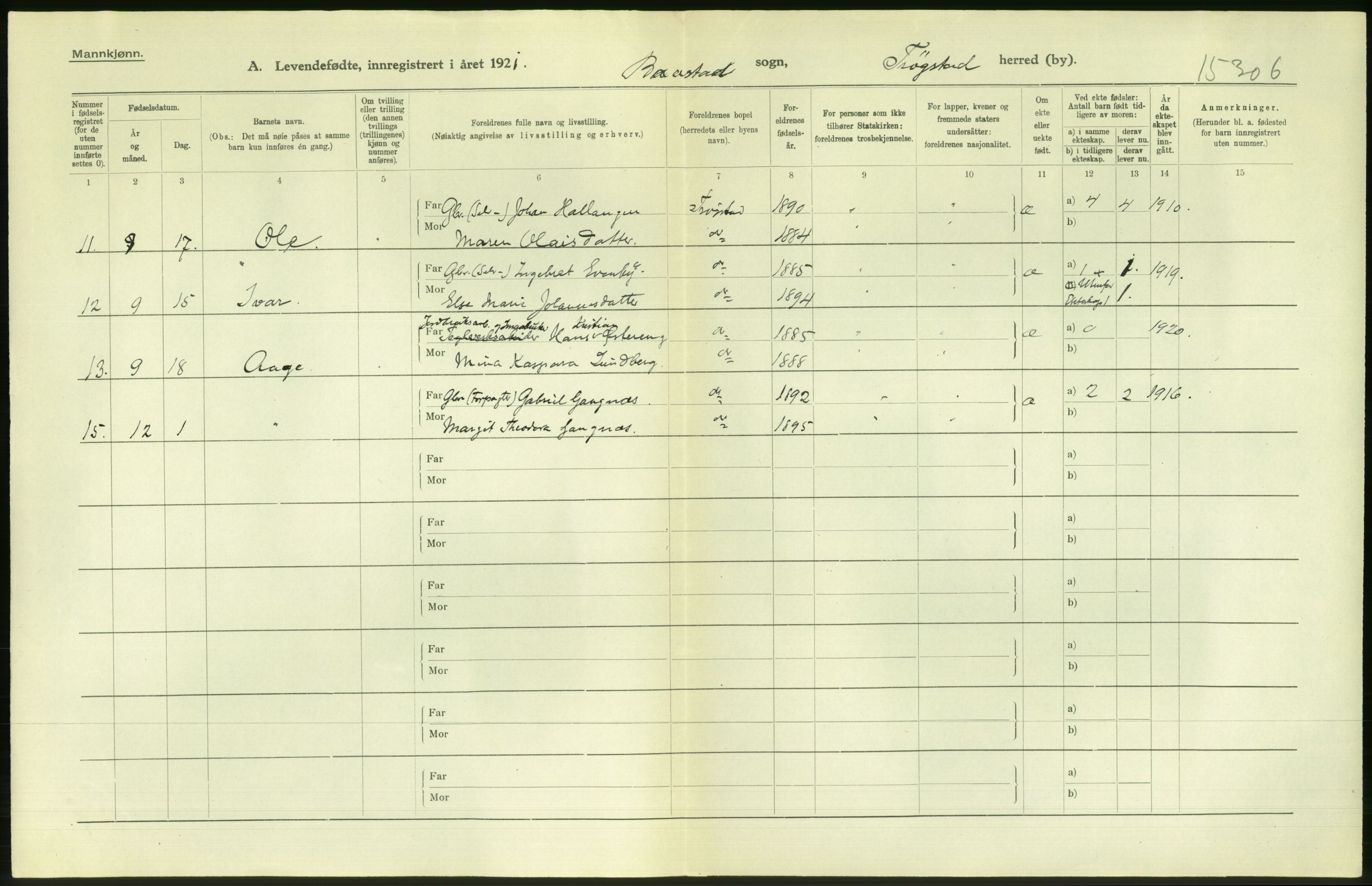 Statistisk sentralbyrå, Sosiodemografiske emner, Befolkning, AV/RA-S-2228/D/Df/Dfc/Dfca/L0001: Østfold fylke: Levendefødte menn og kvinner. Bygder., 1921, p. 10