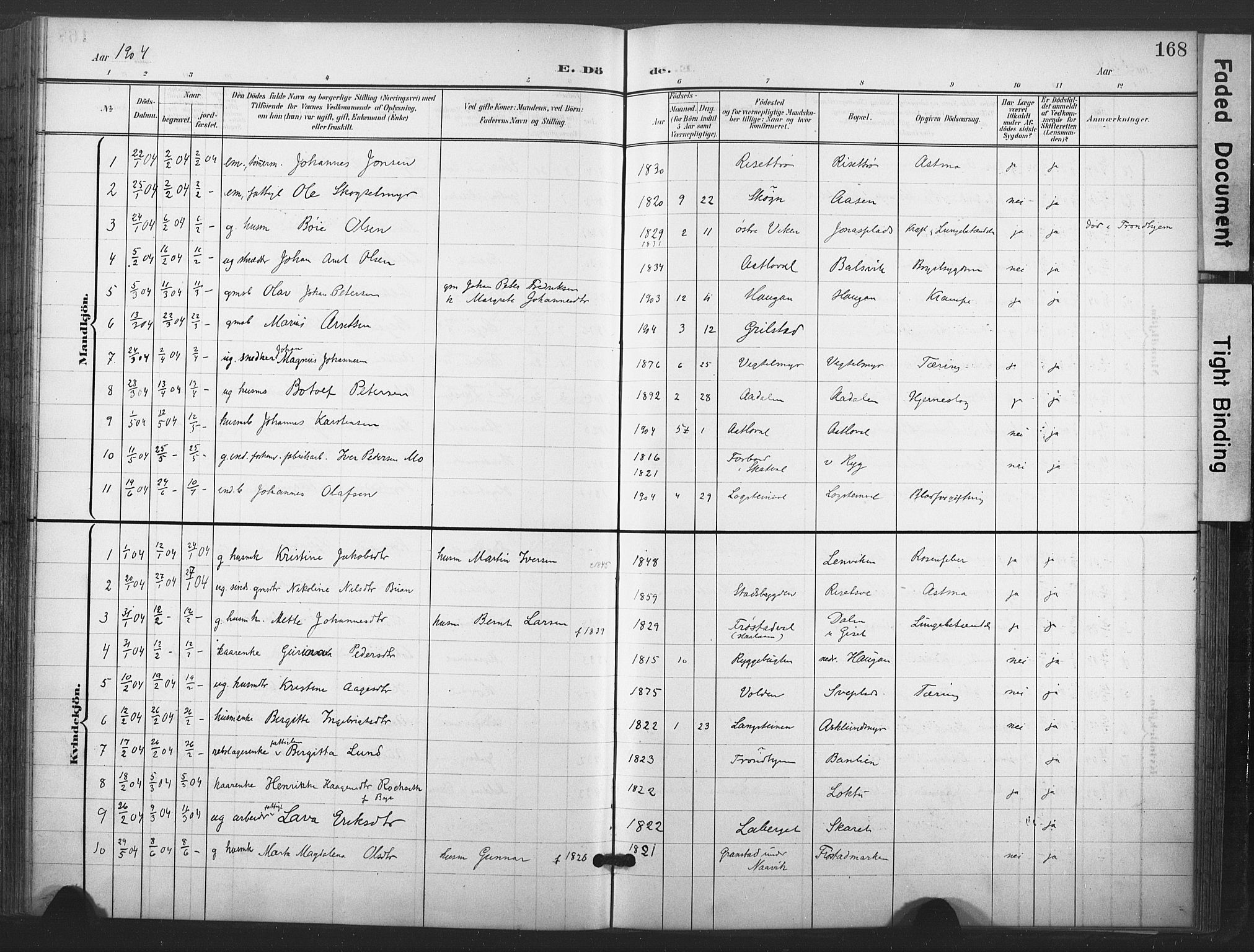 Ministerialprotokoller, klokkerbøker og fødselsregistre - Nord-Trøndelag, SAT/A-1458/713/L0122: Parish register (official) no. 713A11, 1899-1910, p. 168