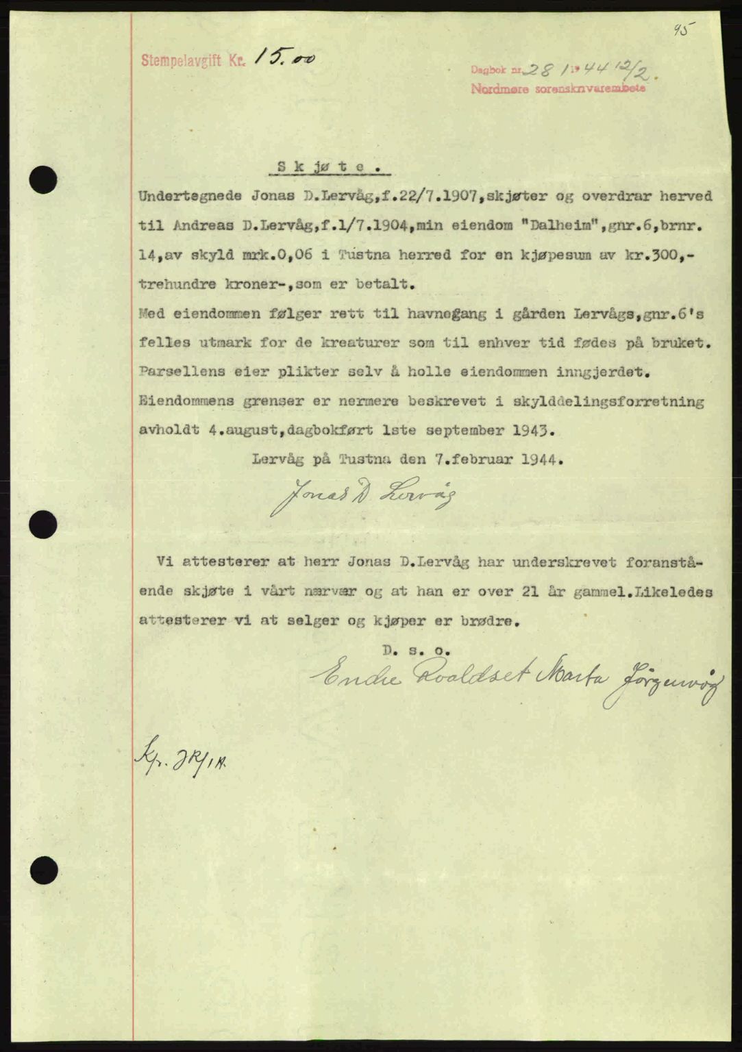 Nordmøre sorenskriveri, AV/SAT-A-4132/1/2/2Ca: Mortgage book no. A97, 1944-1944, Diary no: : 281/1944