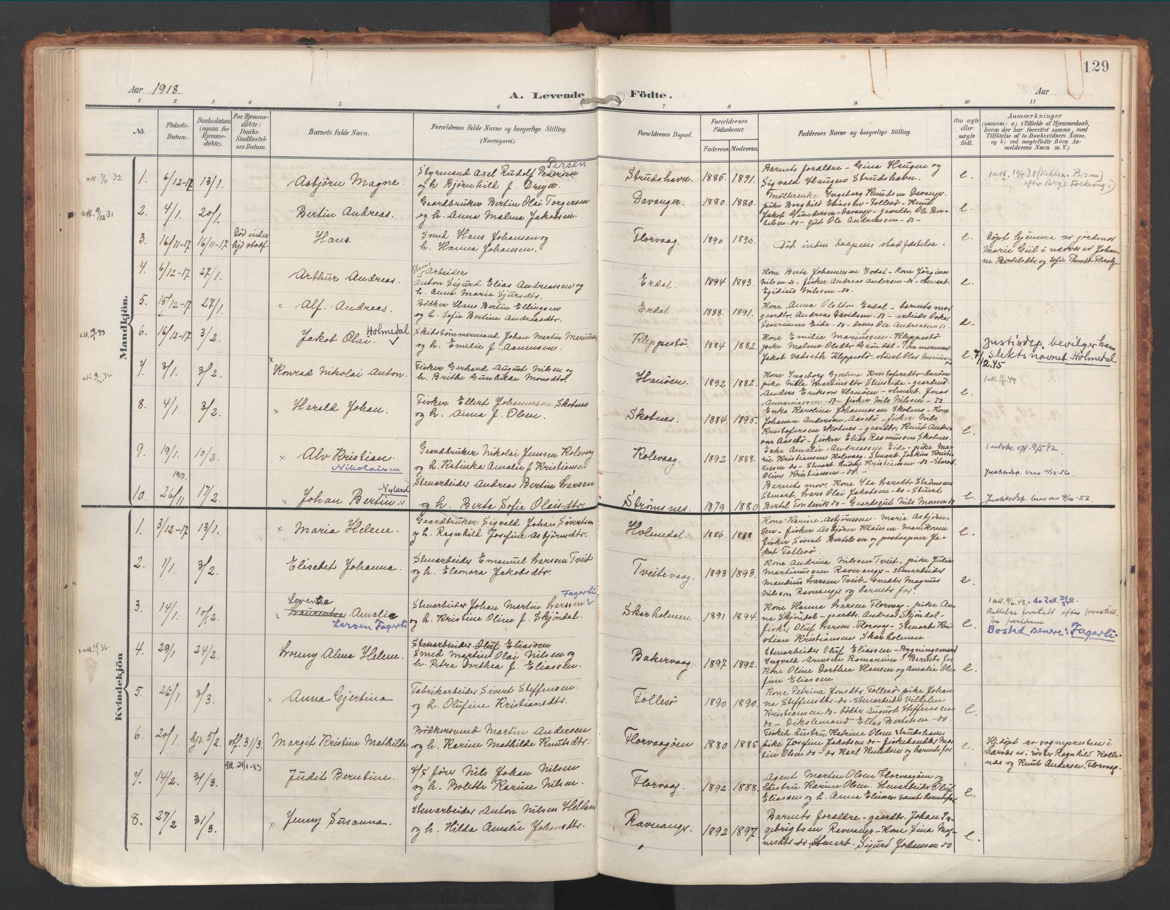 Askøy Sokneprestembete, AV/SAB-A-74101/H/Ha/Haa/Haac/L0002: Parish register (official) no. C 2, 1905-1922, p. 129