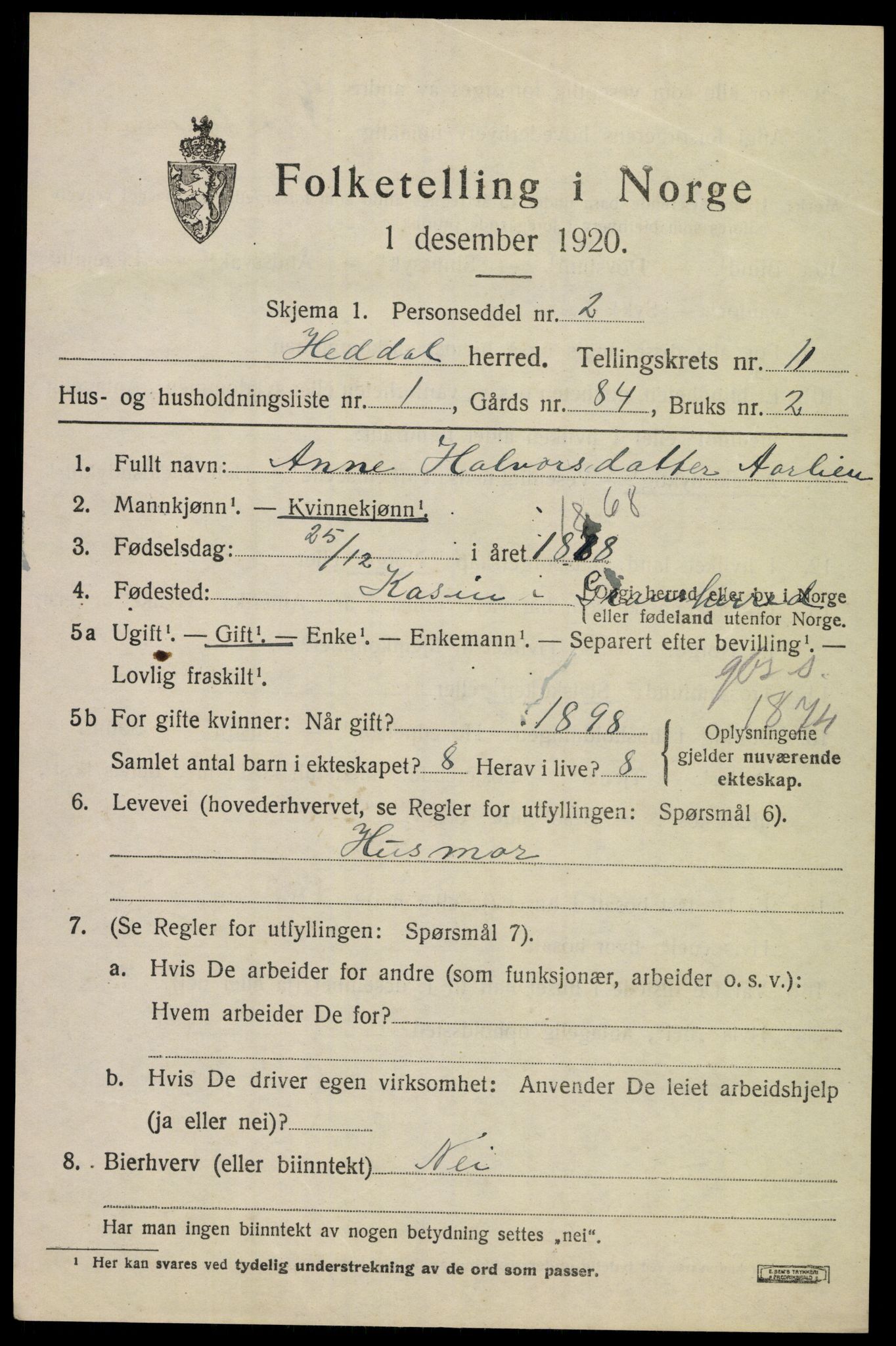 SAKO, 1920 census for Heddal, 1920, p. 7740
