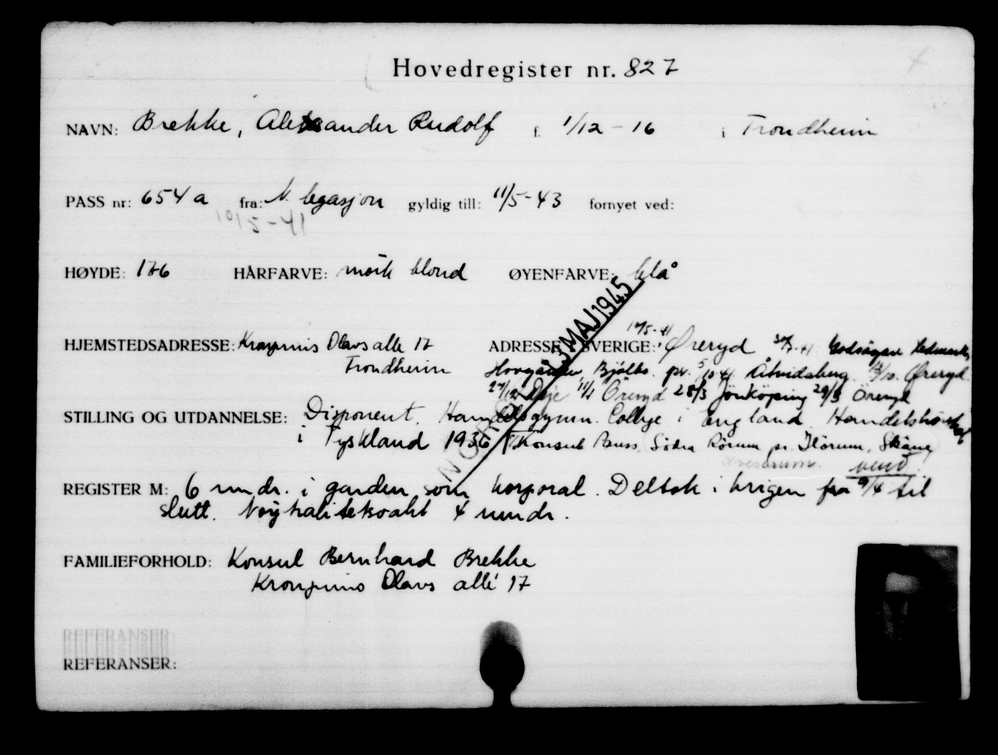 Utenriksstasjonene, Legasjonen i Stockholm, Flyktningkontoret, AV/RA-S-6753/V/Va/L0001: Kjesäterkartoteket, flyktninger med registreringsnr. 1-1000, 1940-1945, p. 1308