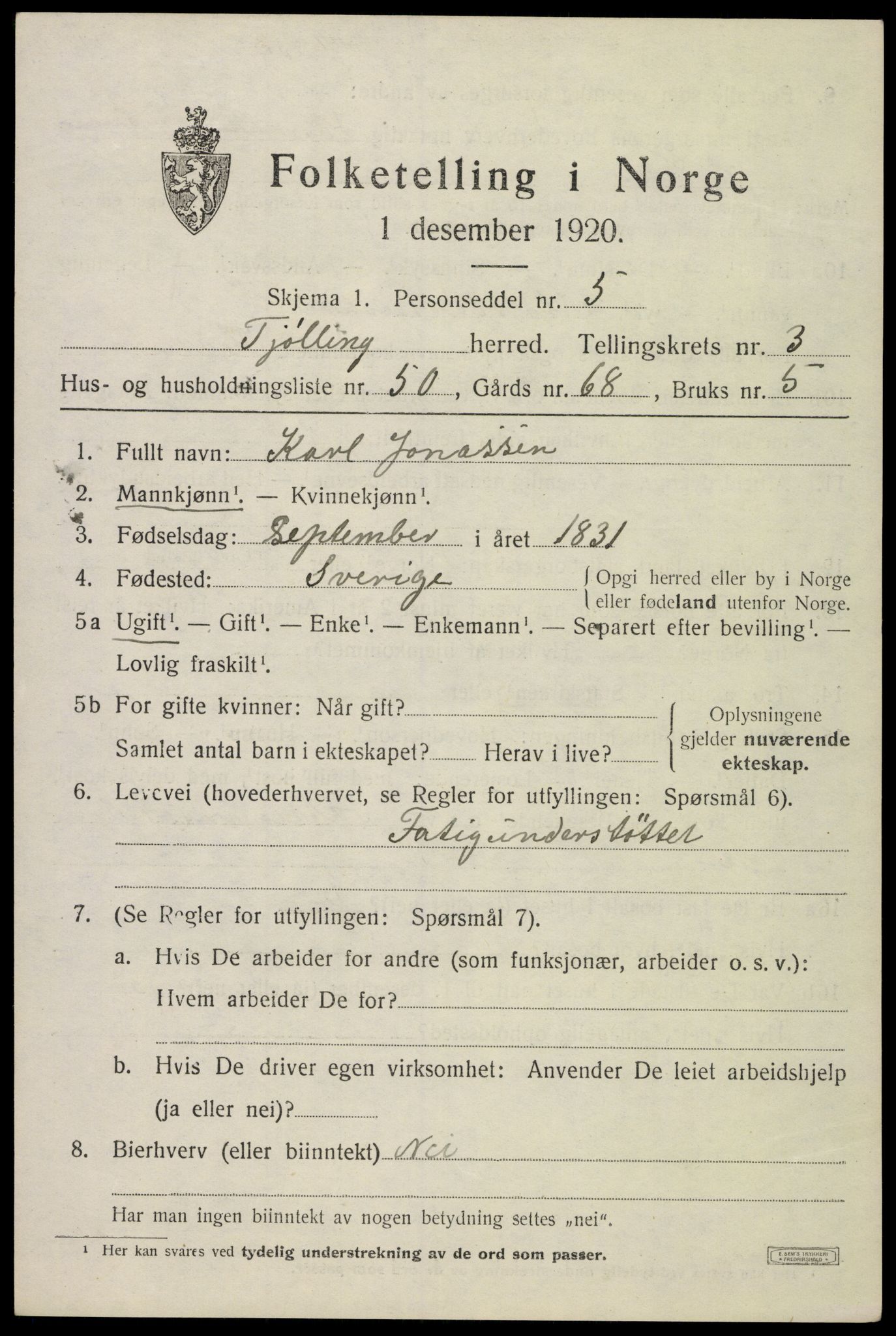 SAKO, 1920 census for Tjølling, 1920, p. 7481