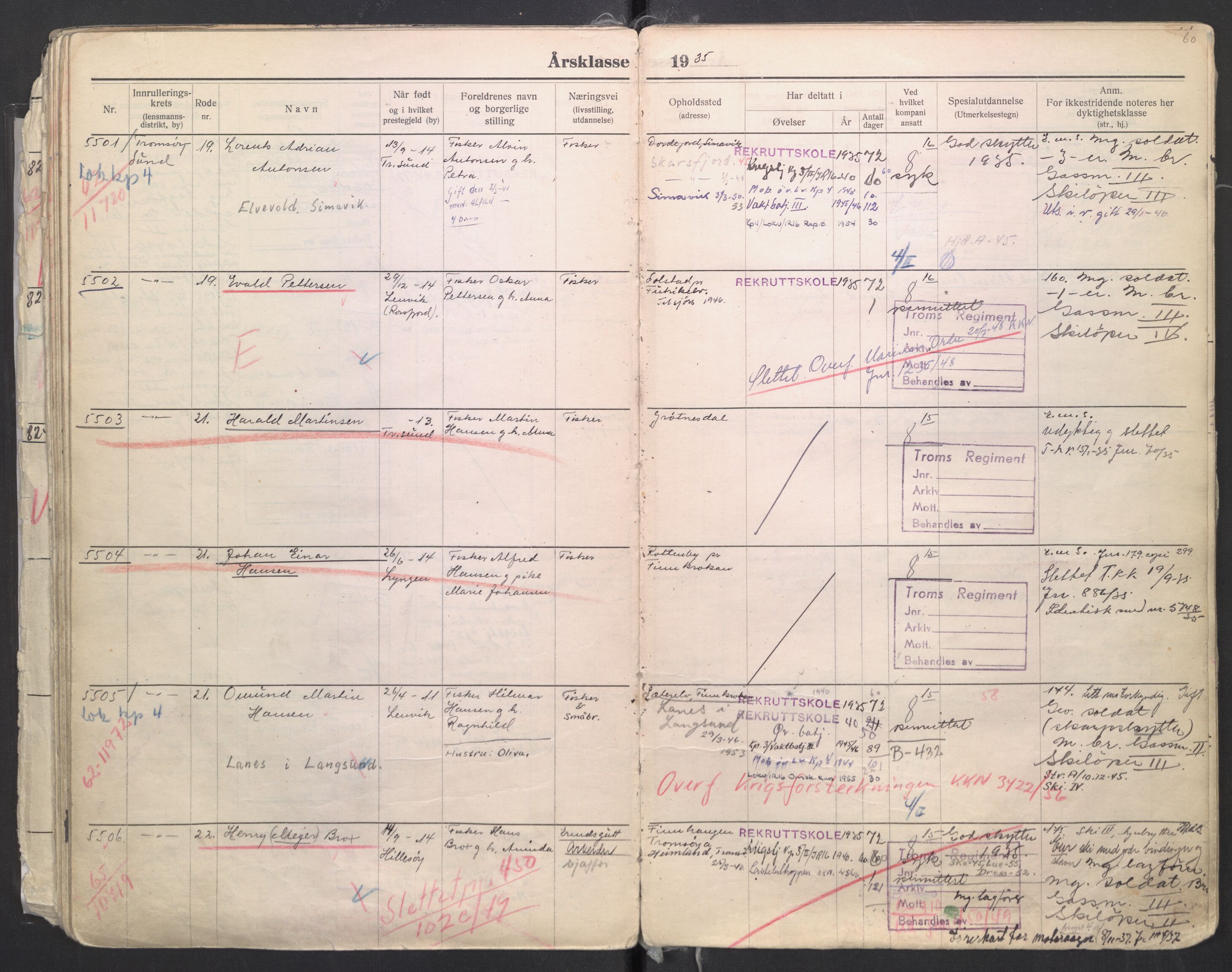 Forsvaret, Troms infanteriregiment nr. 16, AV/RA-RAFA-3146/P/Pa/L0006/0008: Ruller / Rulle for regimentets menige mannskaper, årsklasse 1935, 1935, p. 60