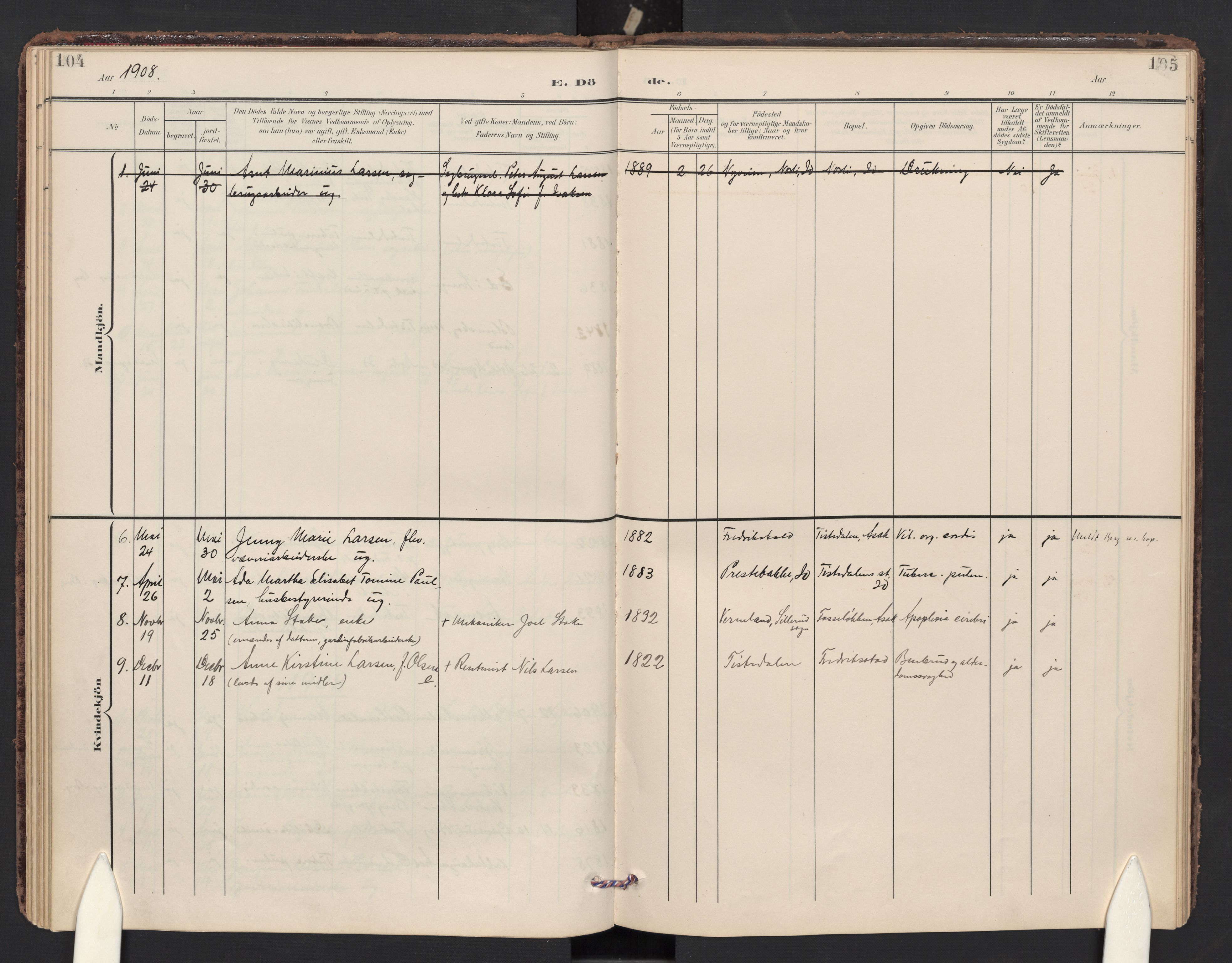 Halden prestekontor Kirkebøker, AV/SAO-A-10909/F/Fc/L0001: Parish register (official) no. III 1, 1902-1908, p. 104-105