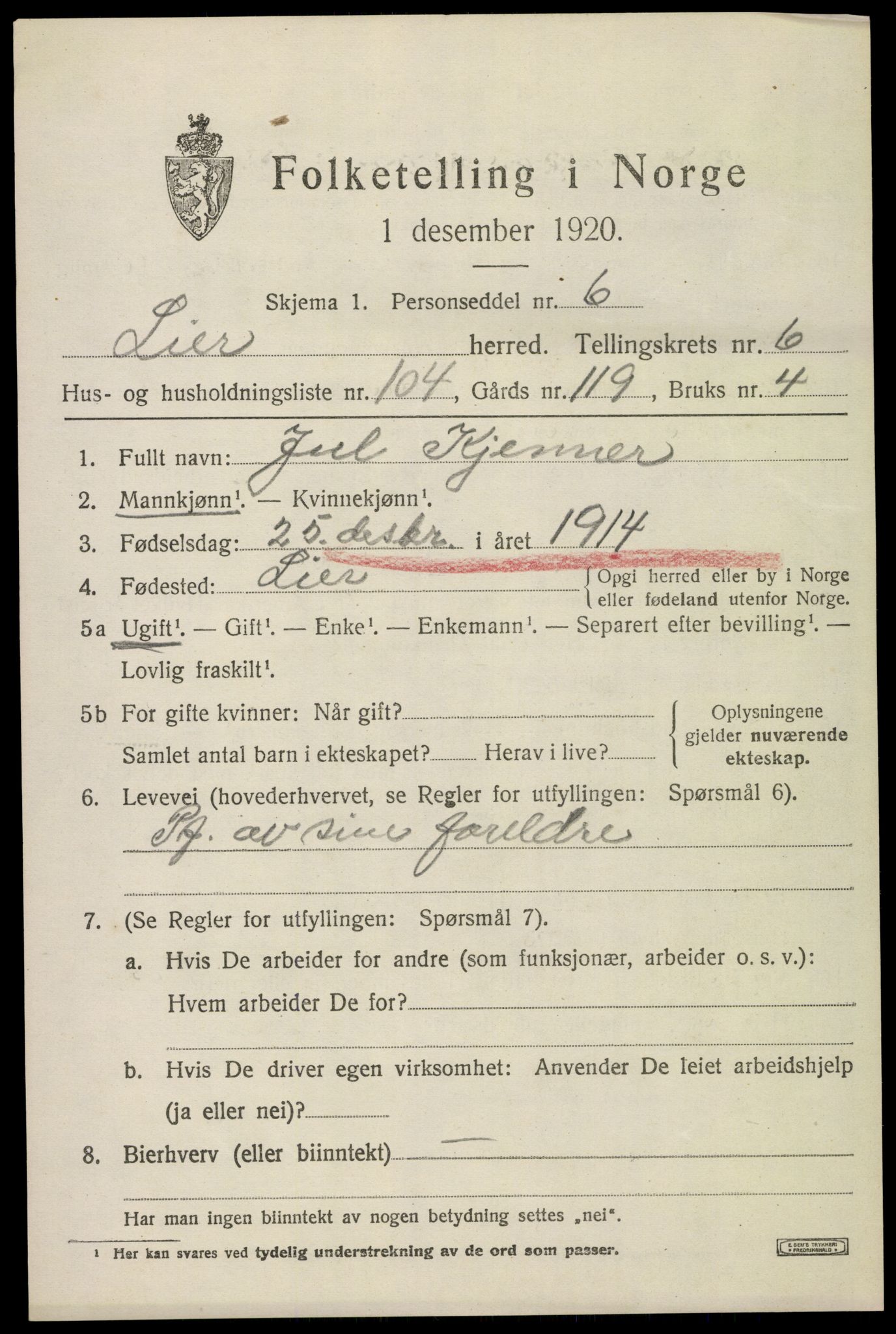 SAKO, 1920 census for Lier, 1920, p. 12486