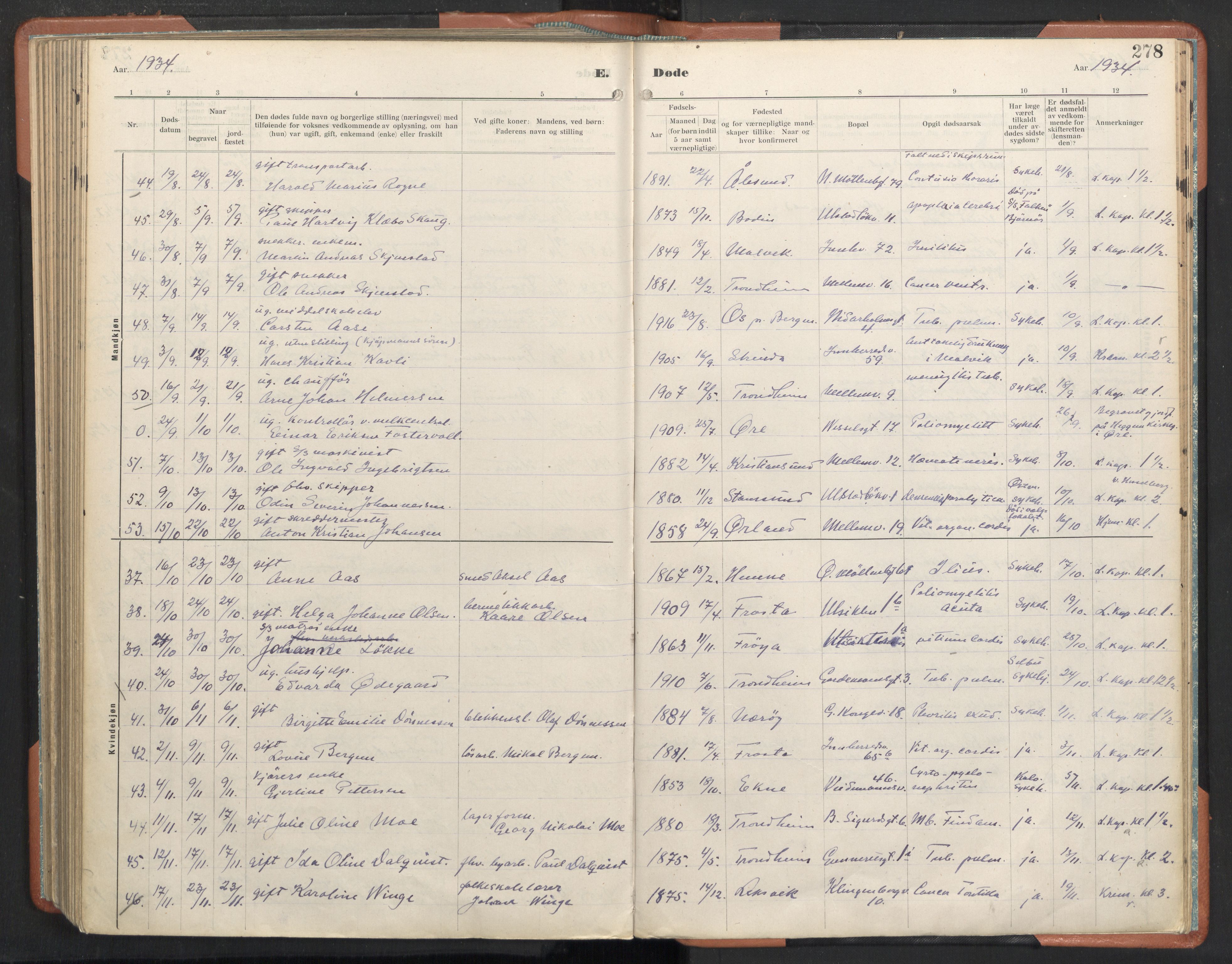 Ministerialprotokoller, klokkerbøker og fødselsregistre - Sør-Trøndelag, SAT/A-1456/605/L0245: Parish register (official) no. 605A07, 1916-1938, p. 278
