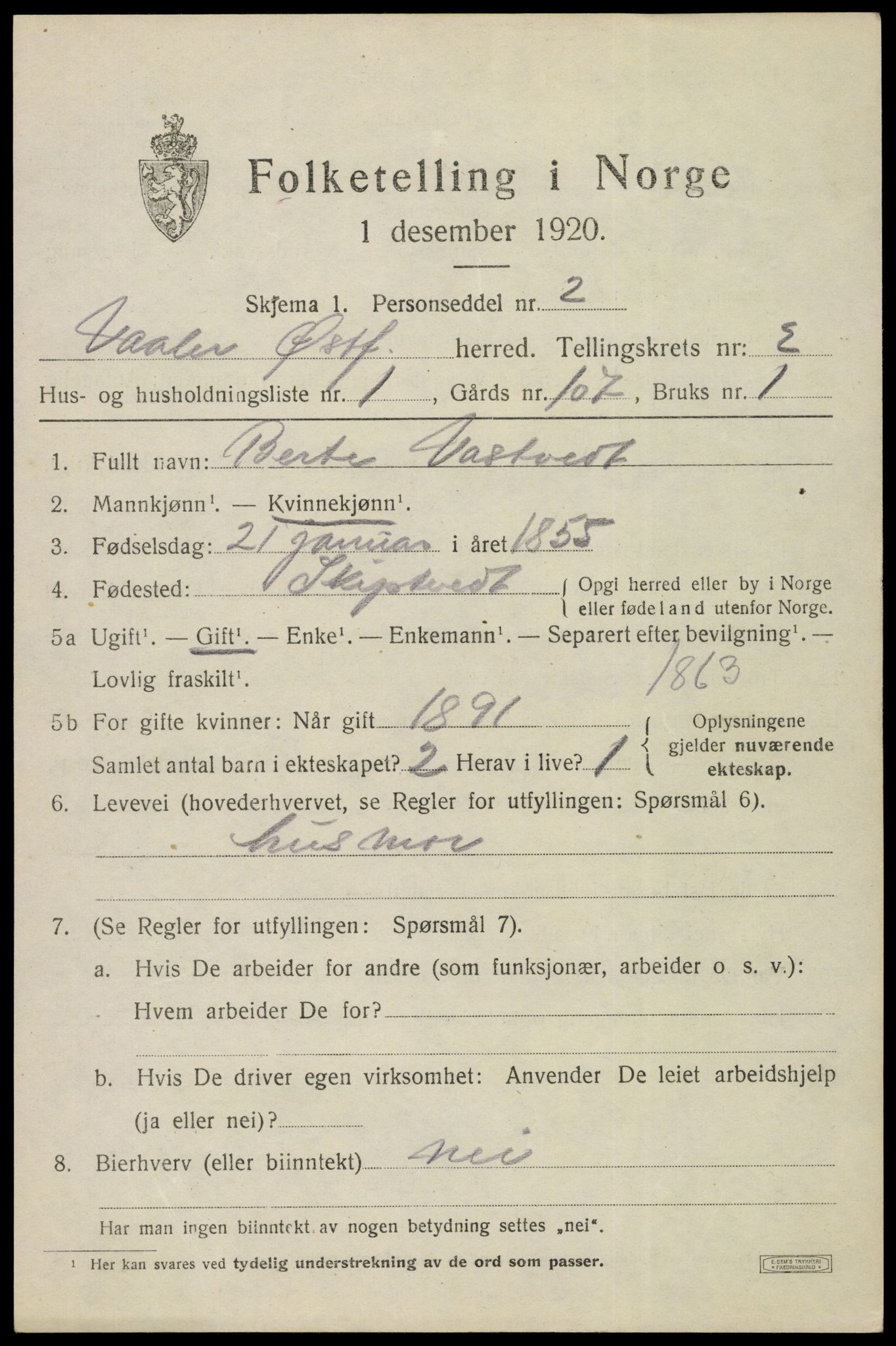 SAO, 1920 census for Våler, 1920, p. 1384