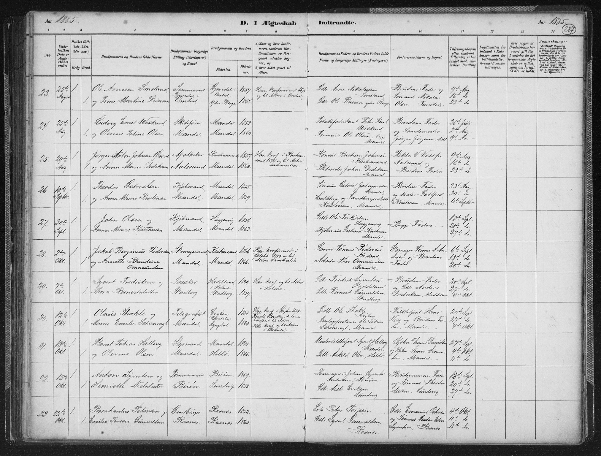 Mandal sokneprestkontor, AV/SAK-1111-0030/F/Fb/Fba/L0011: Parish register (copy) no. B 5, 1880-1898, p. 287