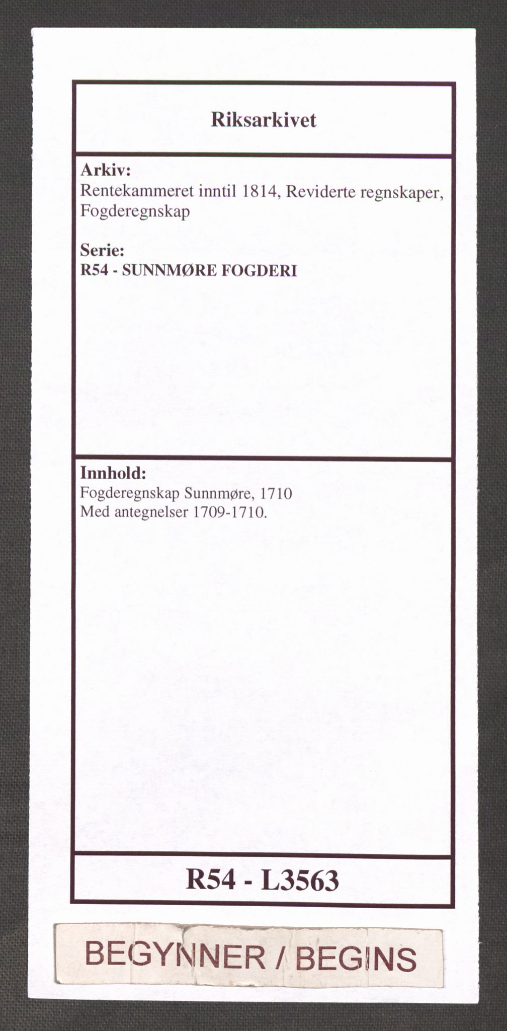 Rentekammeret inntil 1814, Reviderte regnskaper, Fogderegnskap, RA/EA-4092/R54/L3563: Fogderegnskap Sunnmøre, 1710, p. 1