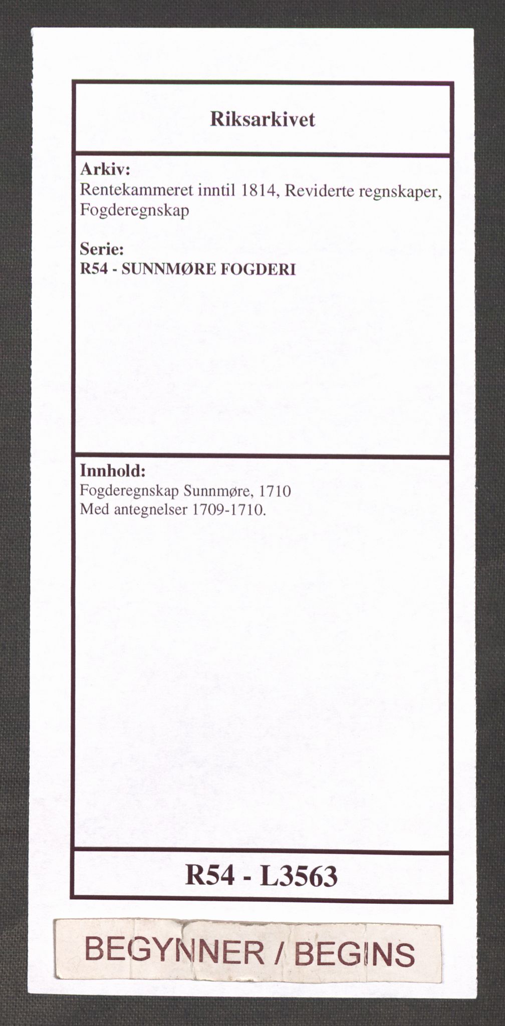 Rentekammeret inntil 1814, Reviderte regnskaper, Fogderegnskap, AV/RA-EA-4092/R54/L3563: Fogderegnskap Sunnmøre, 1710, p. 1