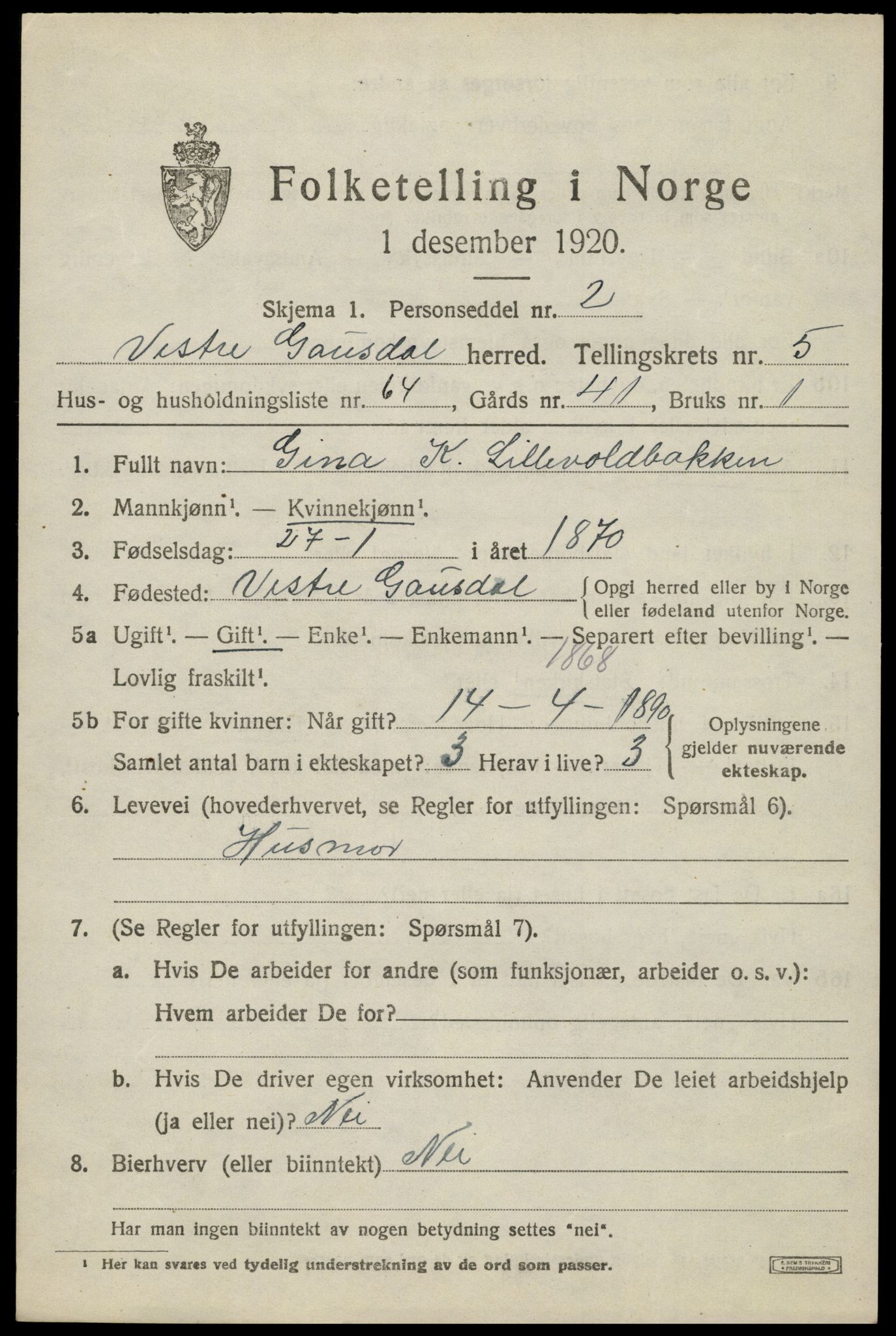 SAH, 1920 census for Vestre Gausdal, 1920, p. 4387