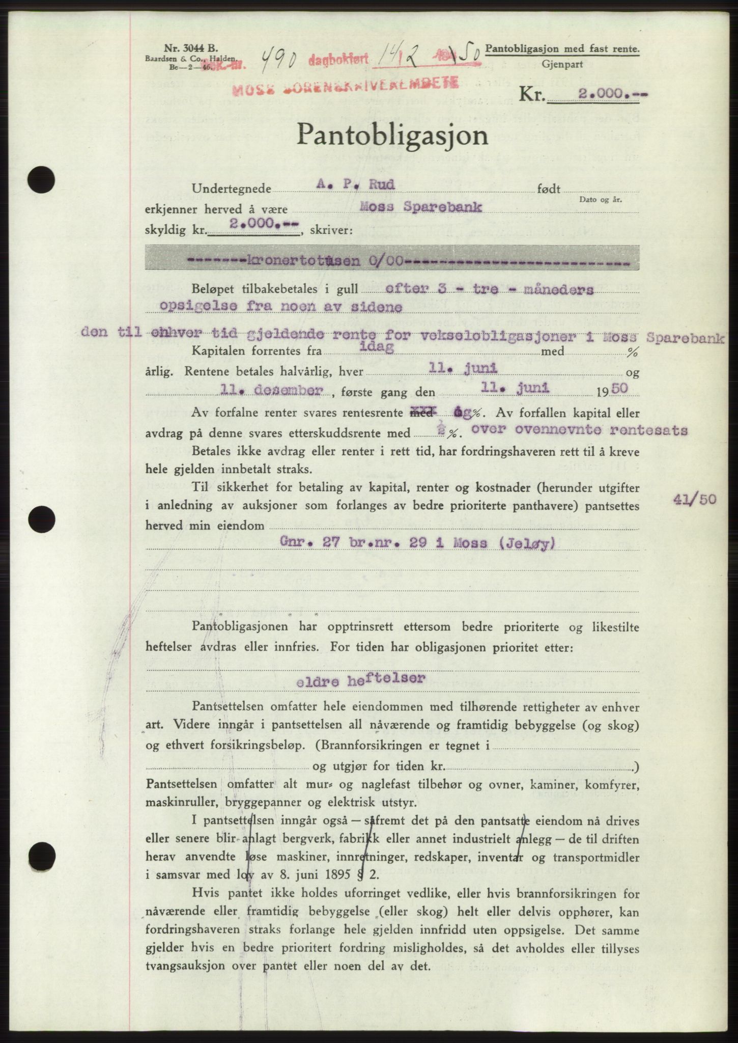 Moss sorenskriveri, SAO/A-10168: Mortgage book no. B23, 1949-1950, Diary no: : 490/1950