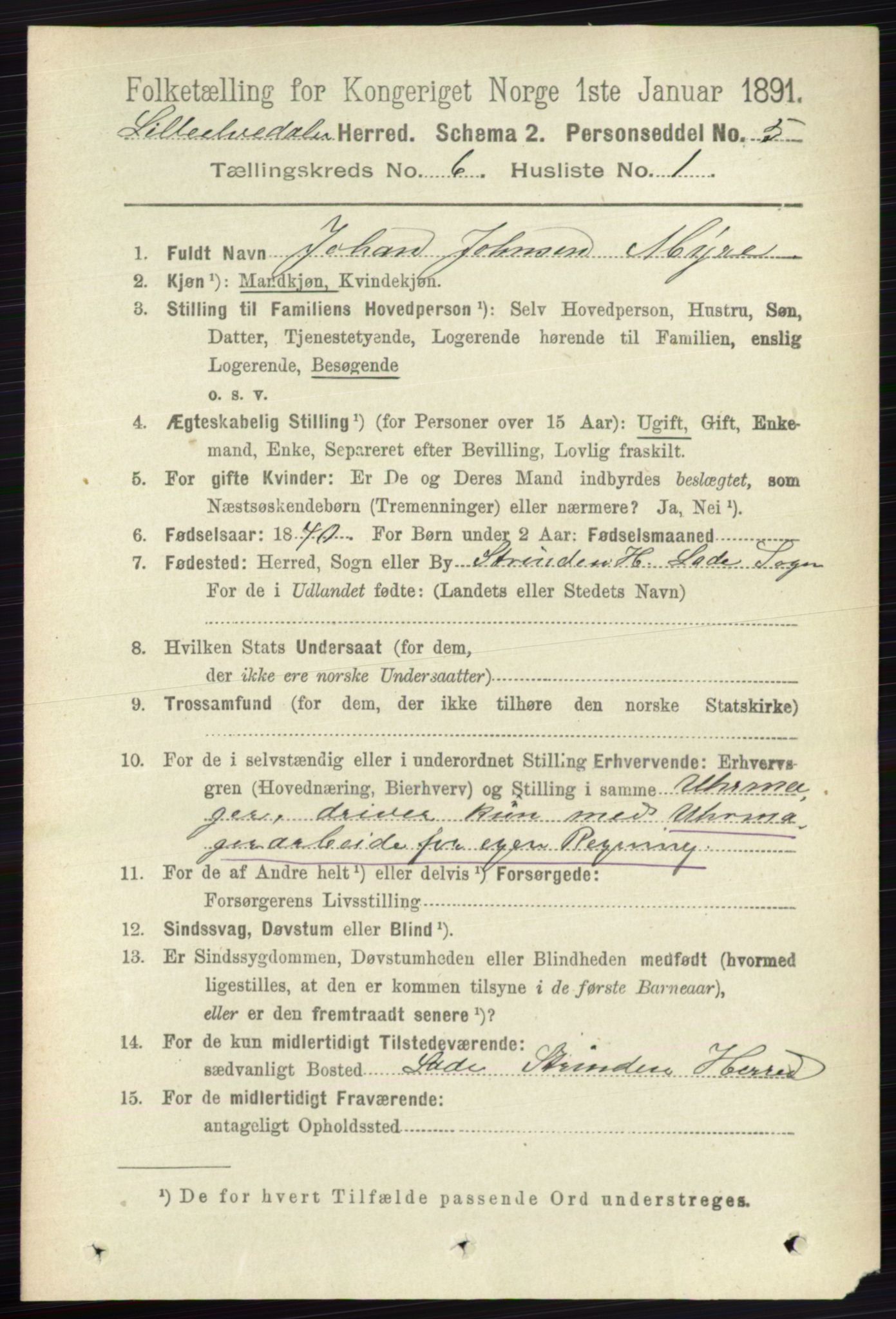 RA, 1891 census for 0438 Lille Elvedalen, 1891, p. 1834