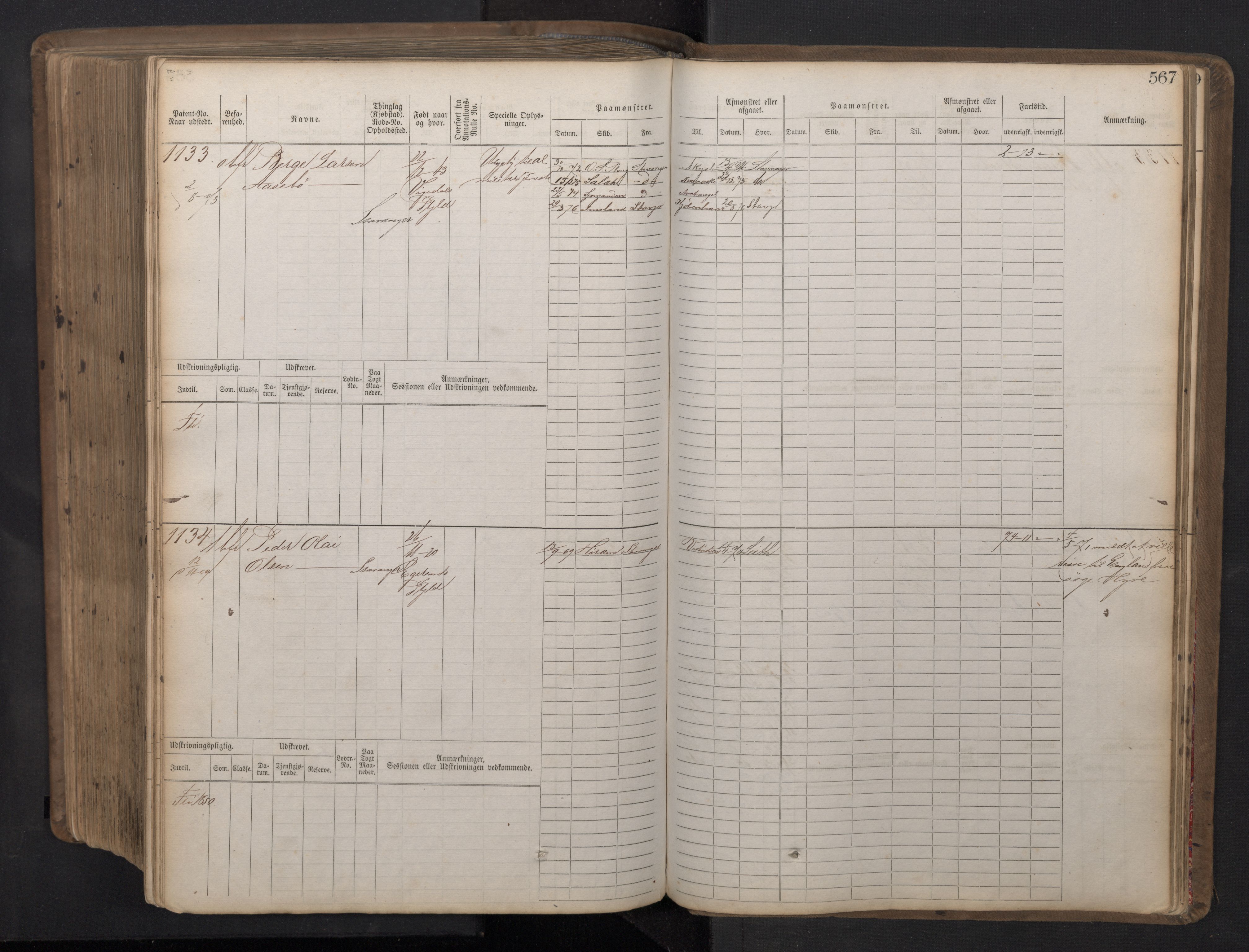 Stavanger sjømannskontor, AV/SAST-A-102006/F/Fb/Fbb/L0016: Sjøfartshovedrulle patnentnr. 1-1202 (dublett), 1869, p. 567