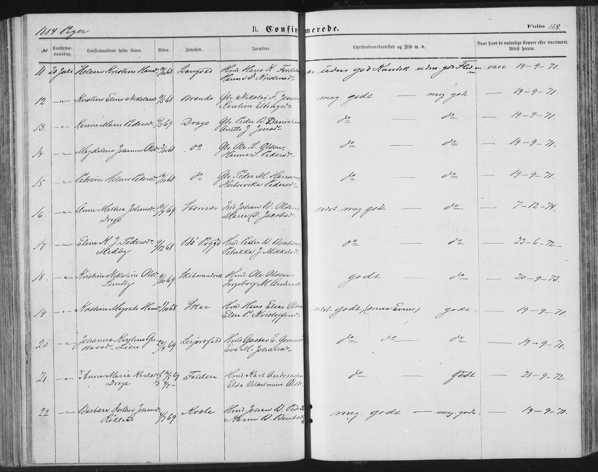 Ministerialprotokoller, klokkerbøker og fødselsregistre - Nordland, AV/SAT-A-1459/847/L0668: Parish register (official) no. 847A08, 1872-1886, p. 168