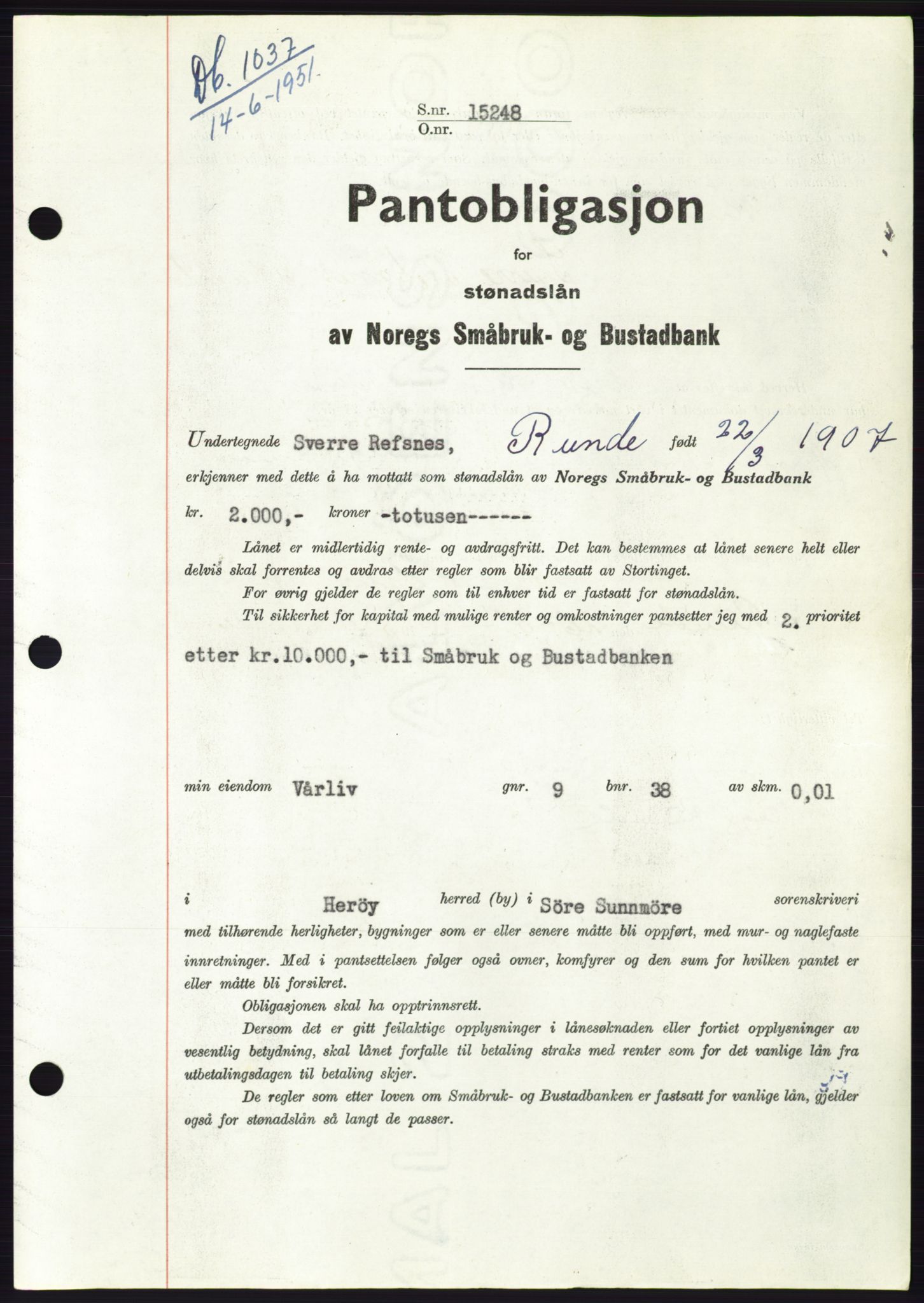Søre Sunnmøre sorenskriveri, AV/SAT-A-4122/1/2/2C/L0120: Mortgage book no. 8B, 1951-1951, Diary no: : 1037/1951