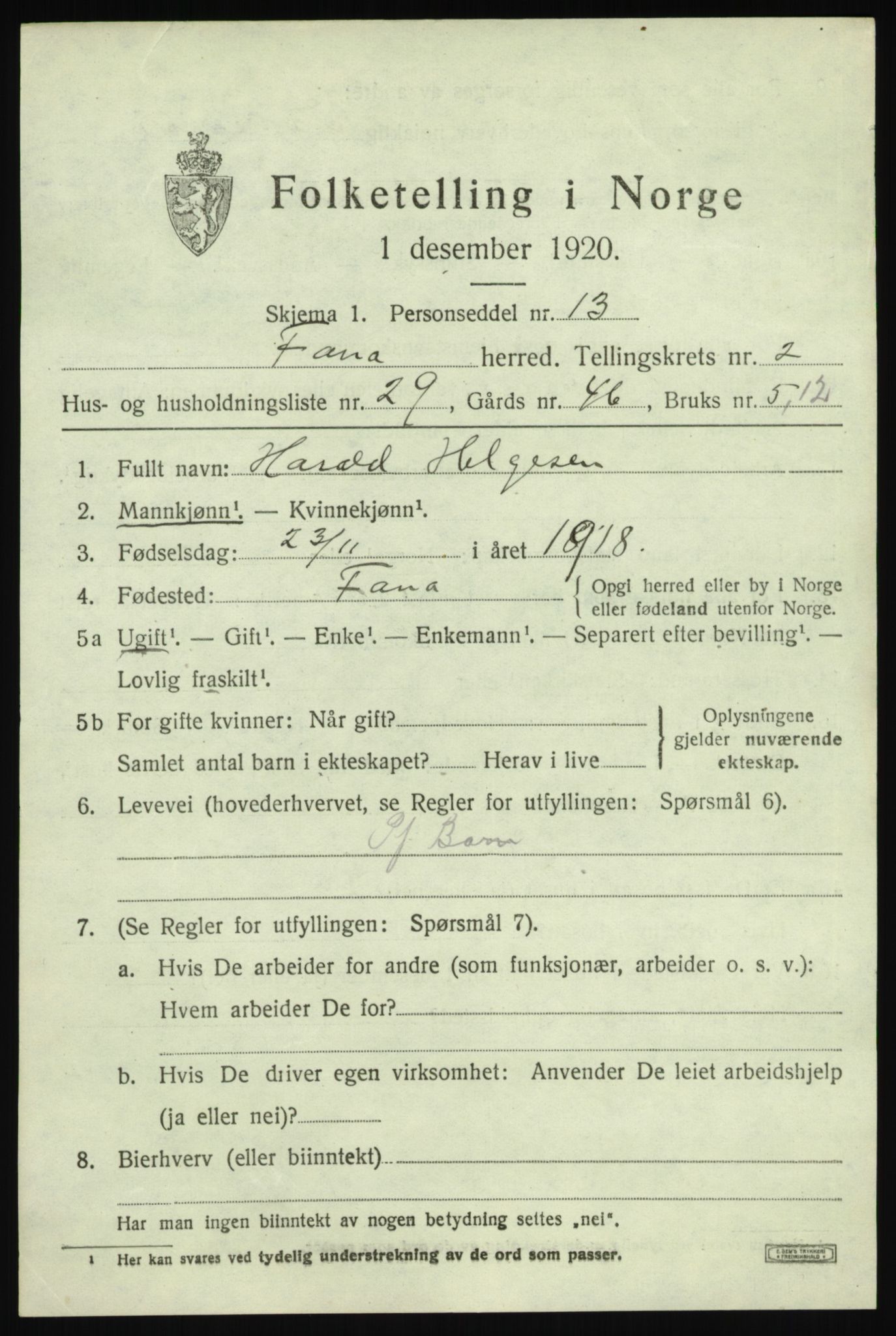 SAB, 1920 census for Fana, 1920, p. 4807