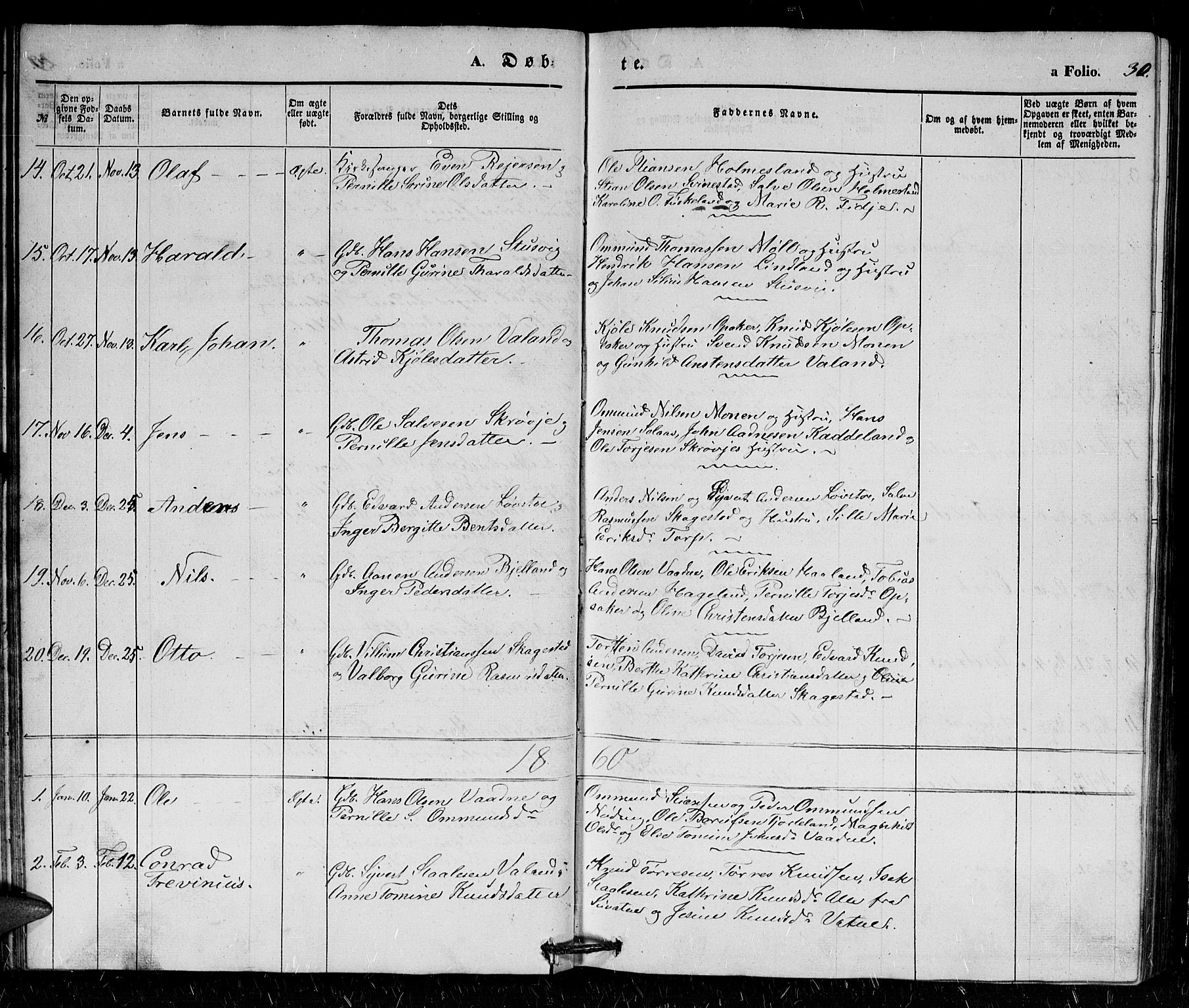 Holum sokneprestkontor, SAK/1111-0022/F/Fb/Fba/L0003: Parish register (copy) no. B 3, 1850-1866, p. 30