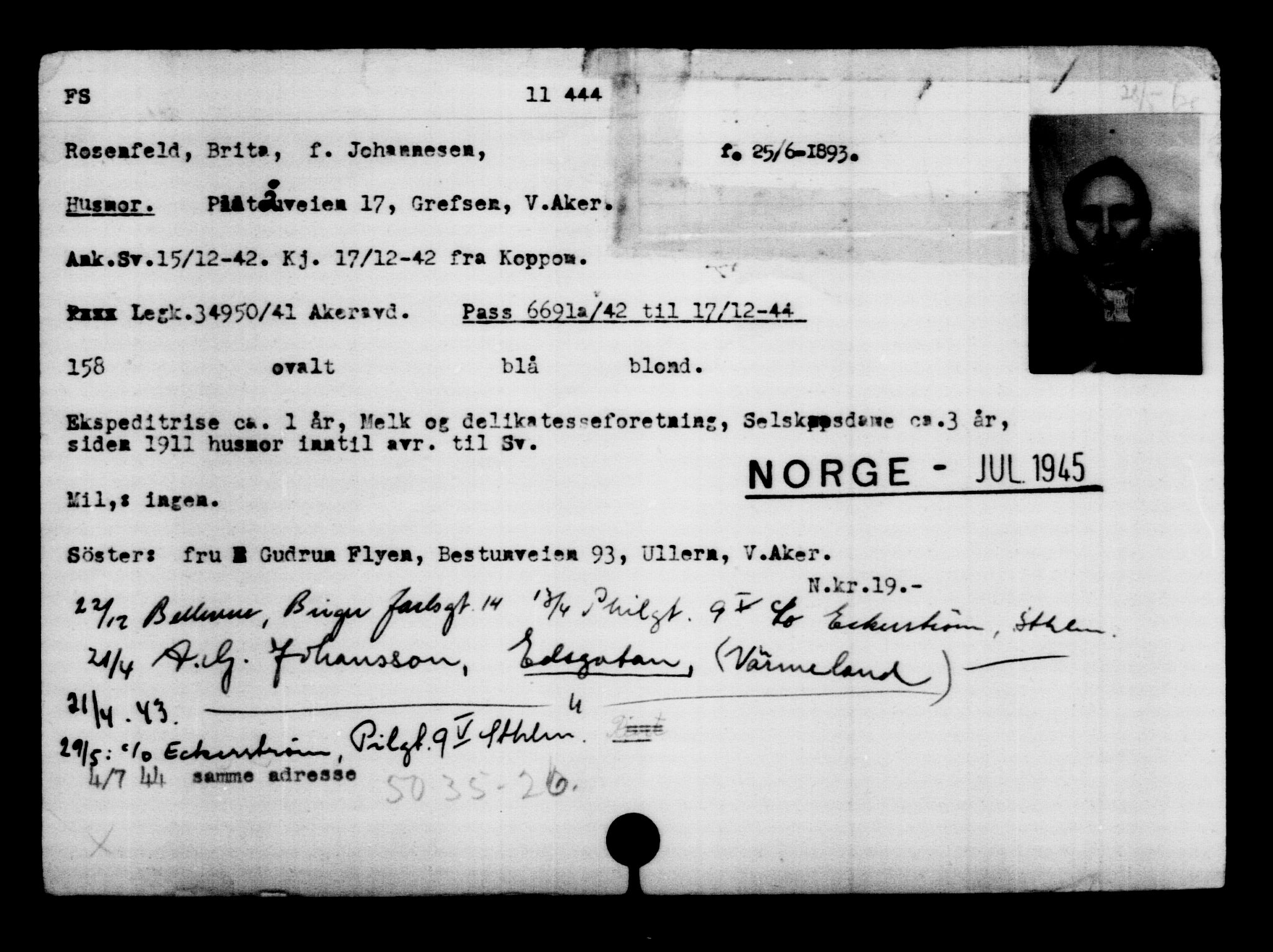 Utenriksstasjonene, Legasjonen i Stockholm, Flyktningkontoret, AV/RA-S-6753/V/Va/L0006: Kjesäterkartoteket, flyktninger med registreringsnr. 9400-12711, 1940-1945, p. 2308