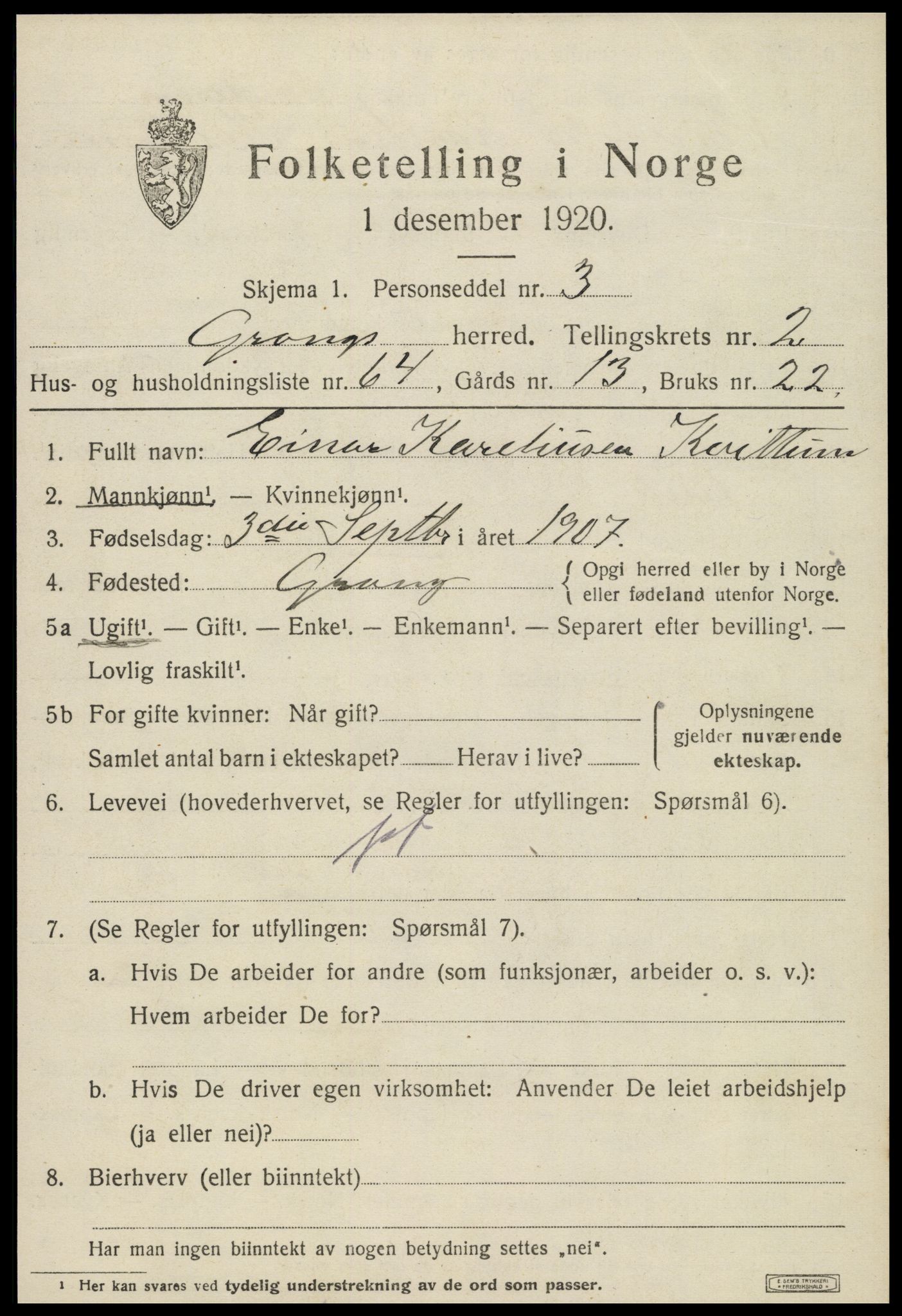 SAT, 1920 census for Grong, 1920, p. 2185