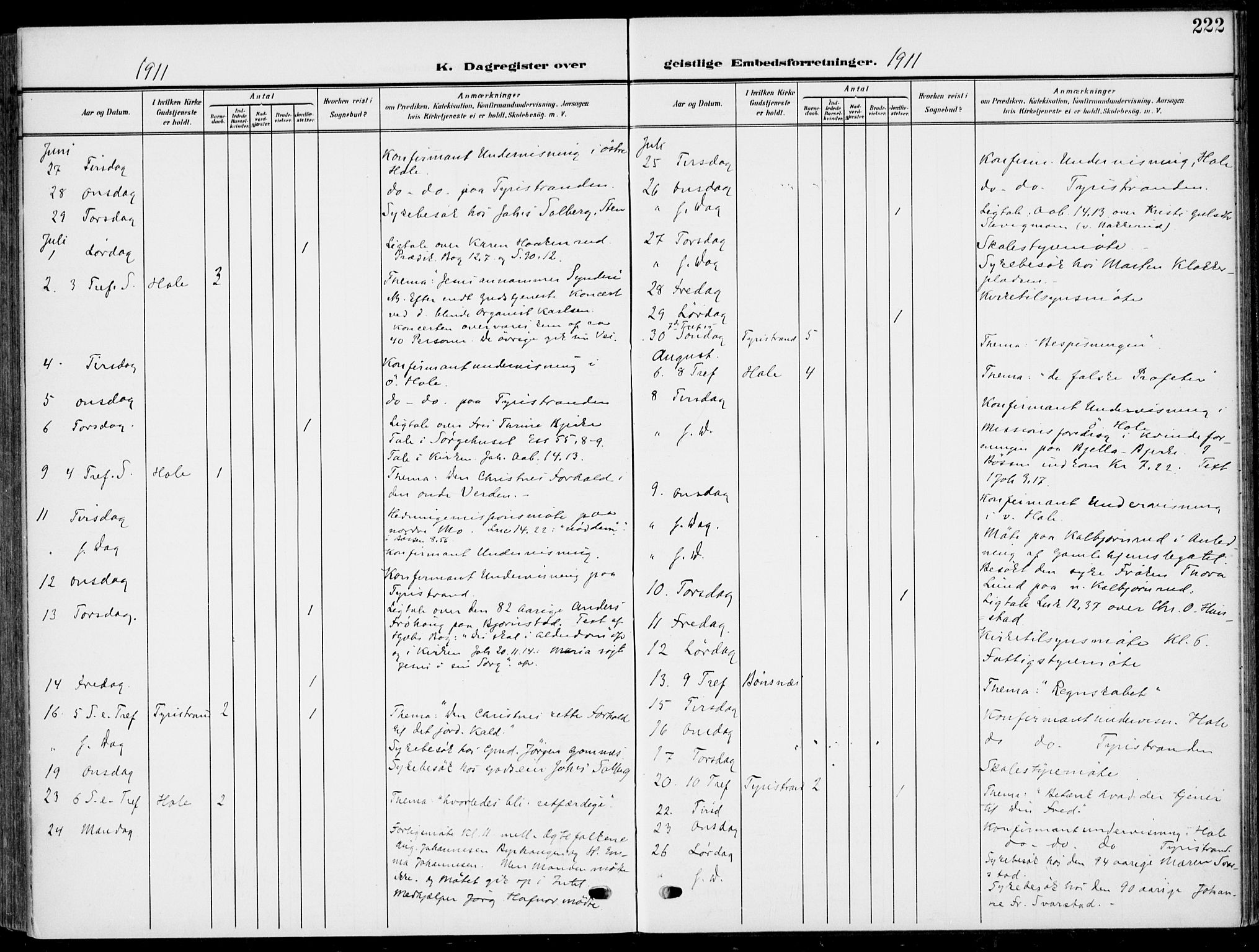 Hole kirkebøker, AV/SAKO-A-228/F/Fa/L0010: Parish register (official) no. I 10, 1907-1917, p. 222