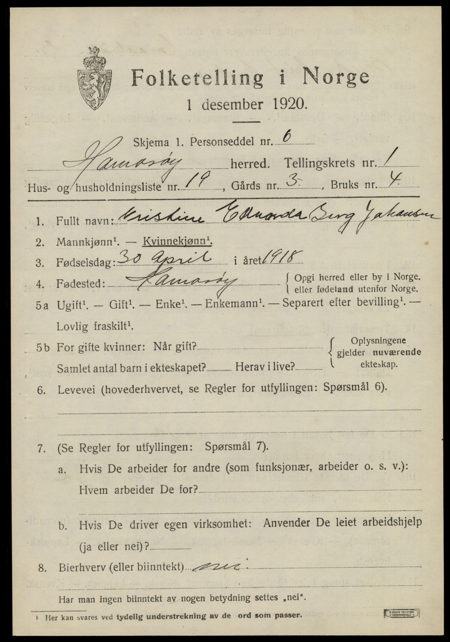 SAT, 1920 census for Hamarøy, 1920, p. 1424