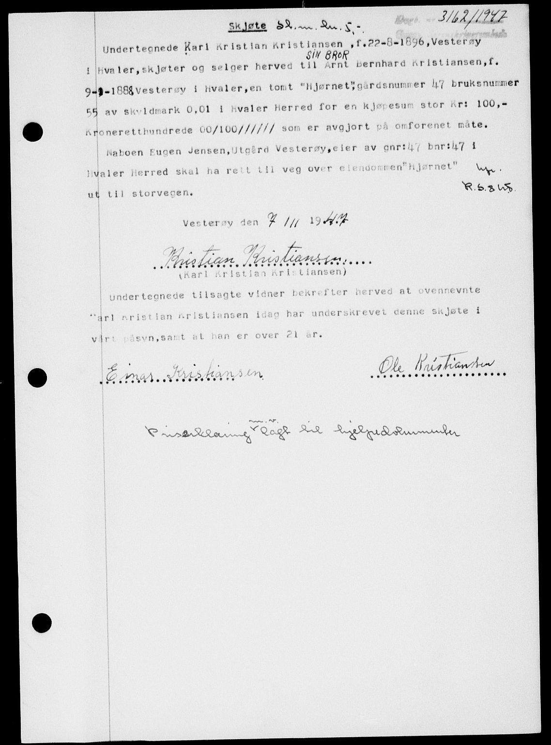 Onsøy sorenskriveri, SAO/A-10474/G/Ga/Gab/L0021: Mortgage book no. II A-21, 1947-1947, Diary no: : 3162/1947