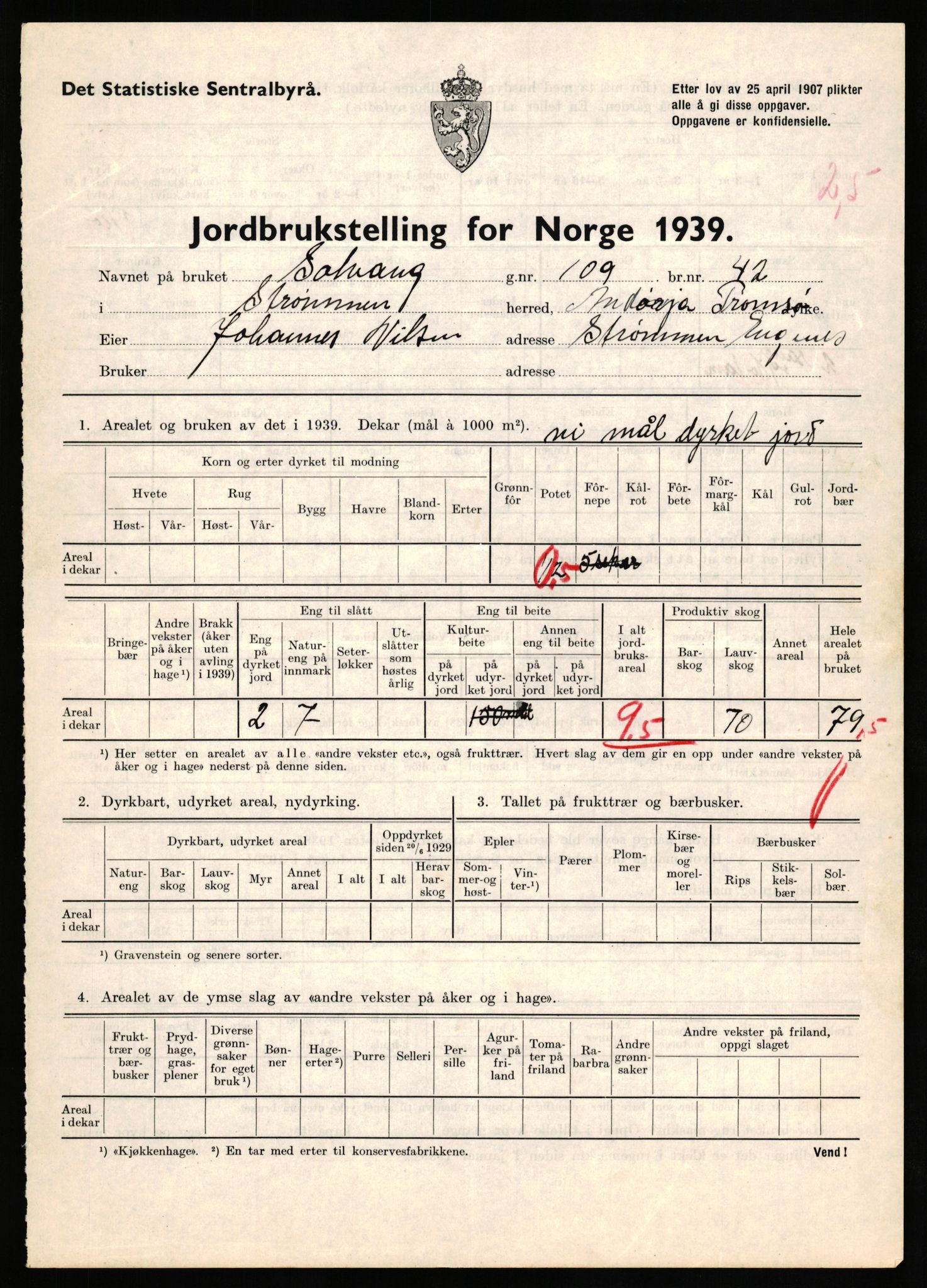 Statistisk sentralbyrå, Næringsøkonomiske emner, Jordbruk, skogbruk, jakt, fiske og fangst, AV/RA-S-2234/G/Gb/L0339: Troms: Andørja, Astafjord og Lavangen, 1939, p. 435