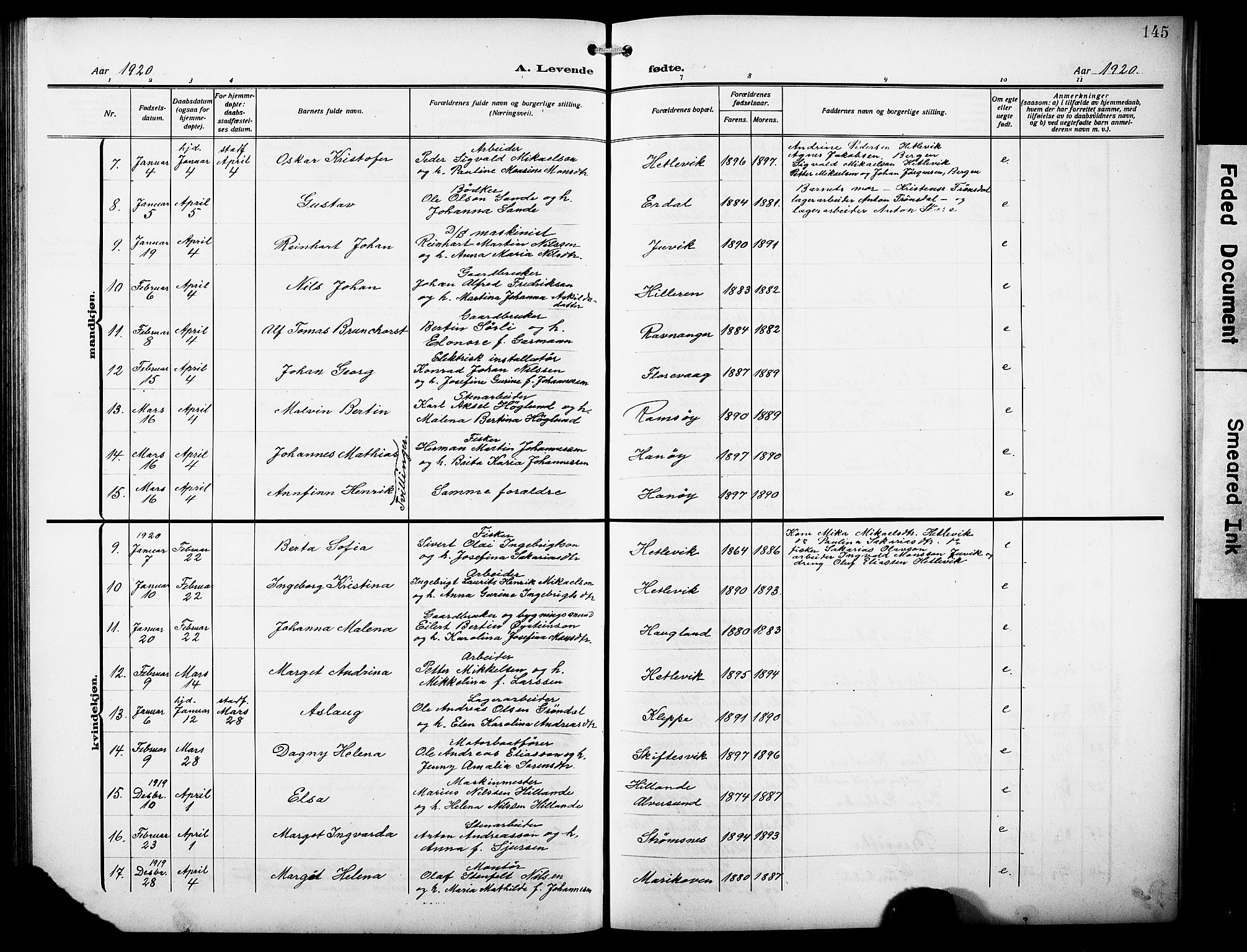 Askøy Sokneprestembete, AV/SAB-A-74101/H/Ha/Hab/Haba/L0011: Parish register (copy) no. A 11, 1908-1931, p. 145