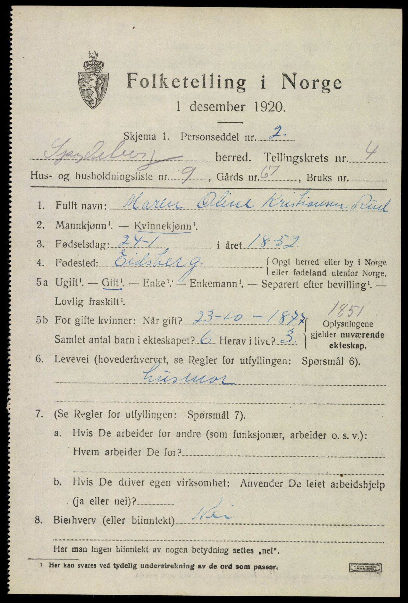 SAO, 1920 census for Spydeberg, 1920, p. 5647