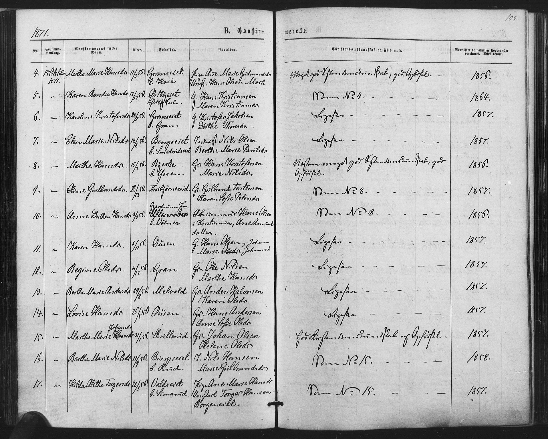 Sørum prestekontor Kirkebøker, AV/SAO-A-10303/F/Fa/L0006: Parish register (official) no. I 6, 1864-1877, p. 108