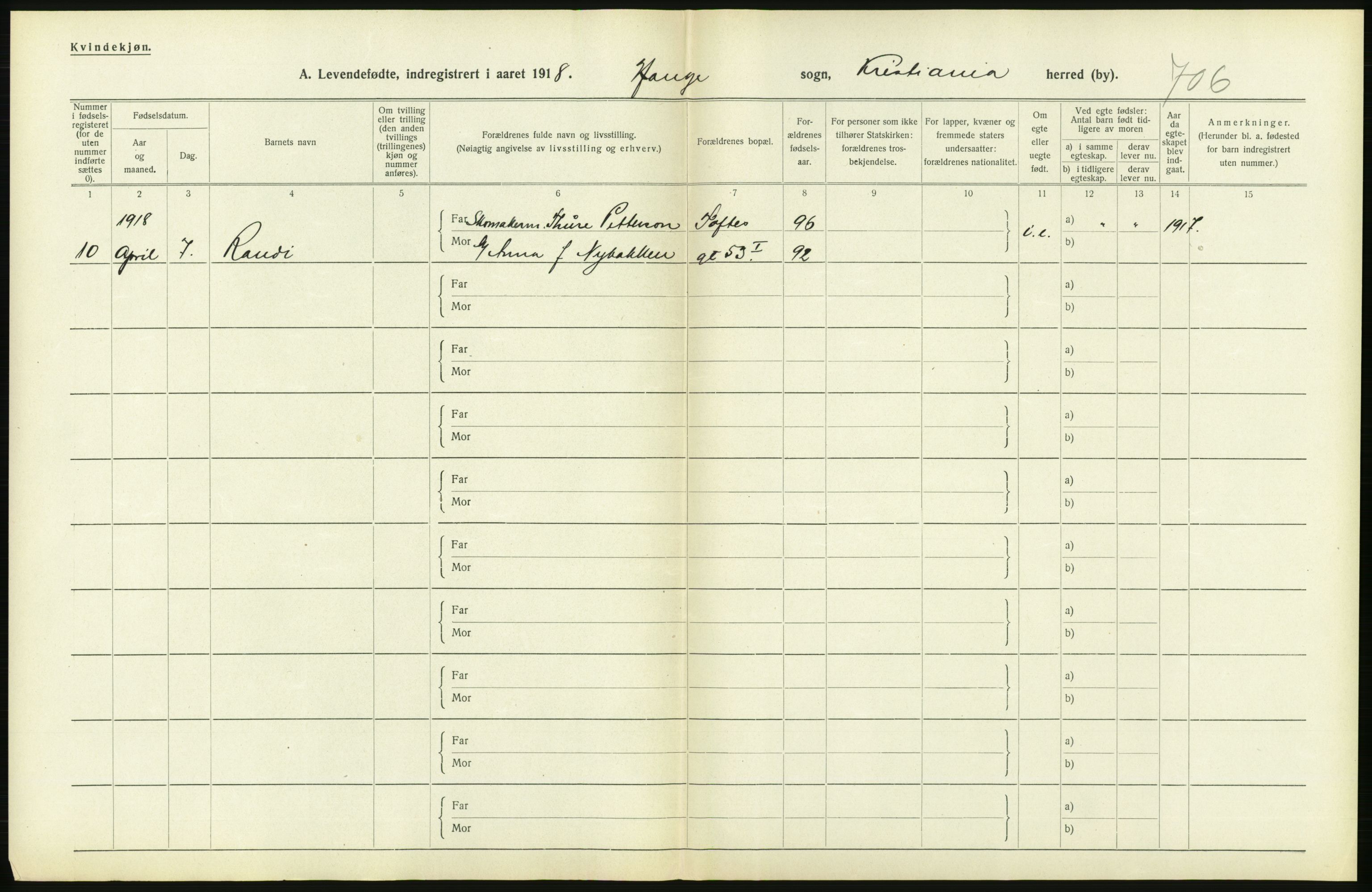 Statistisk sentralbyrå, Sosiodemografiske emner, Befolkning, AV/RA-S-2228/D/Df/Dfb/Dfbh/L0007: Kristiania: Levendefødte menn og kvinner., 1918, p. 418