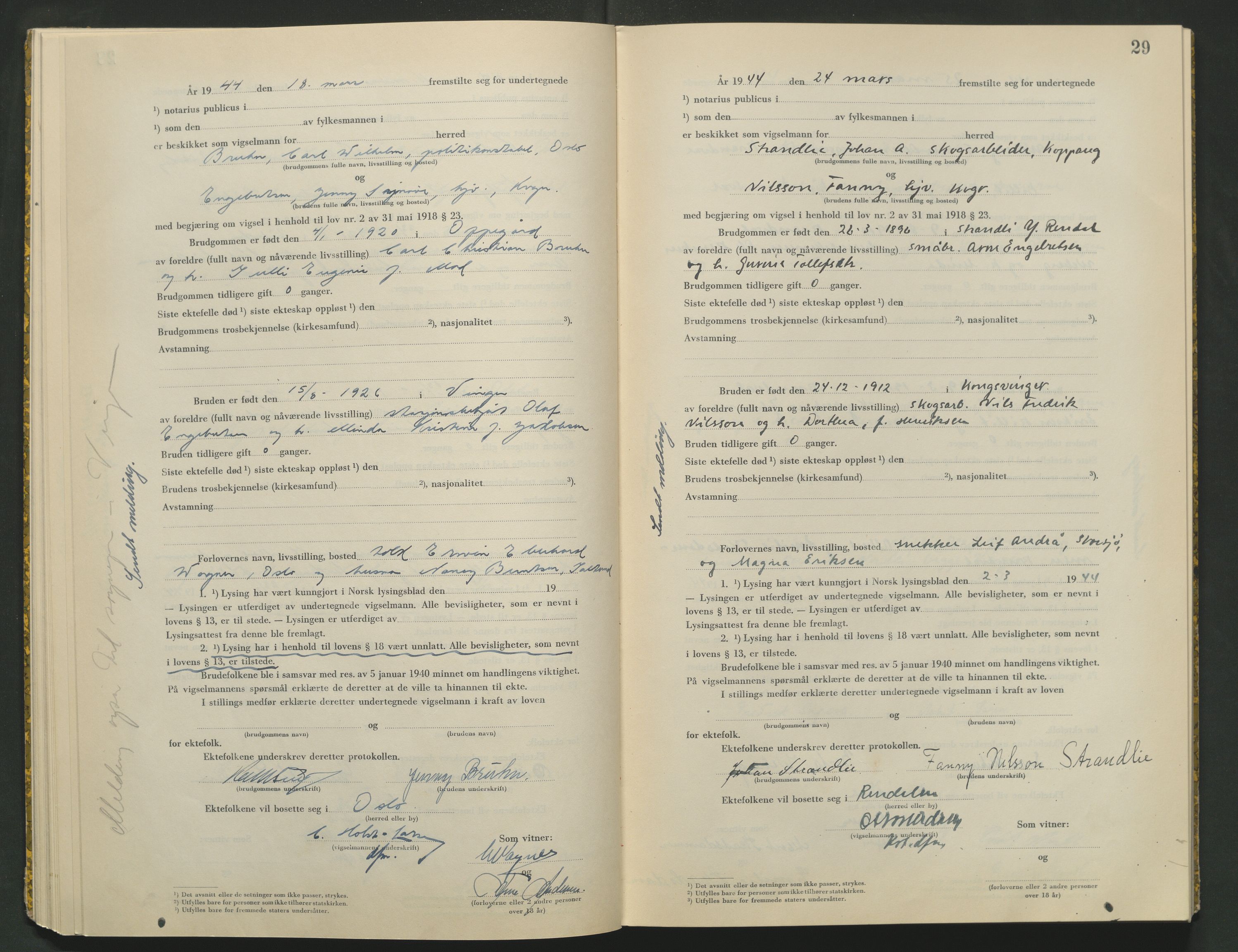 Vinger og Odal sorenskriveri, AV/SAH-TING-022/L/Lb/L0003: Vigselsprotokoll, 1943-1944, p. 29