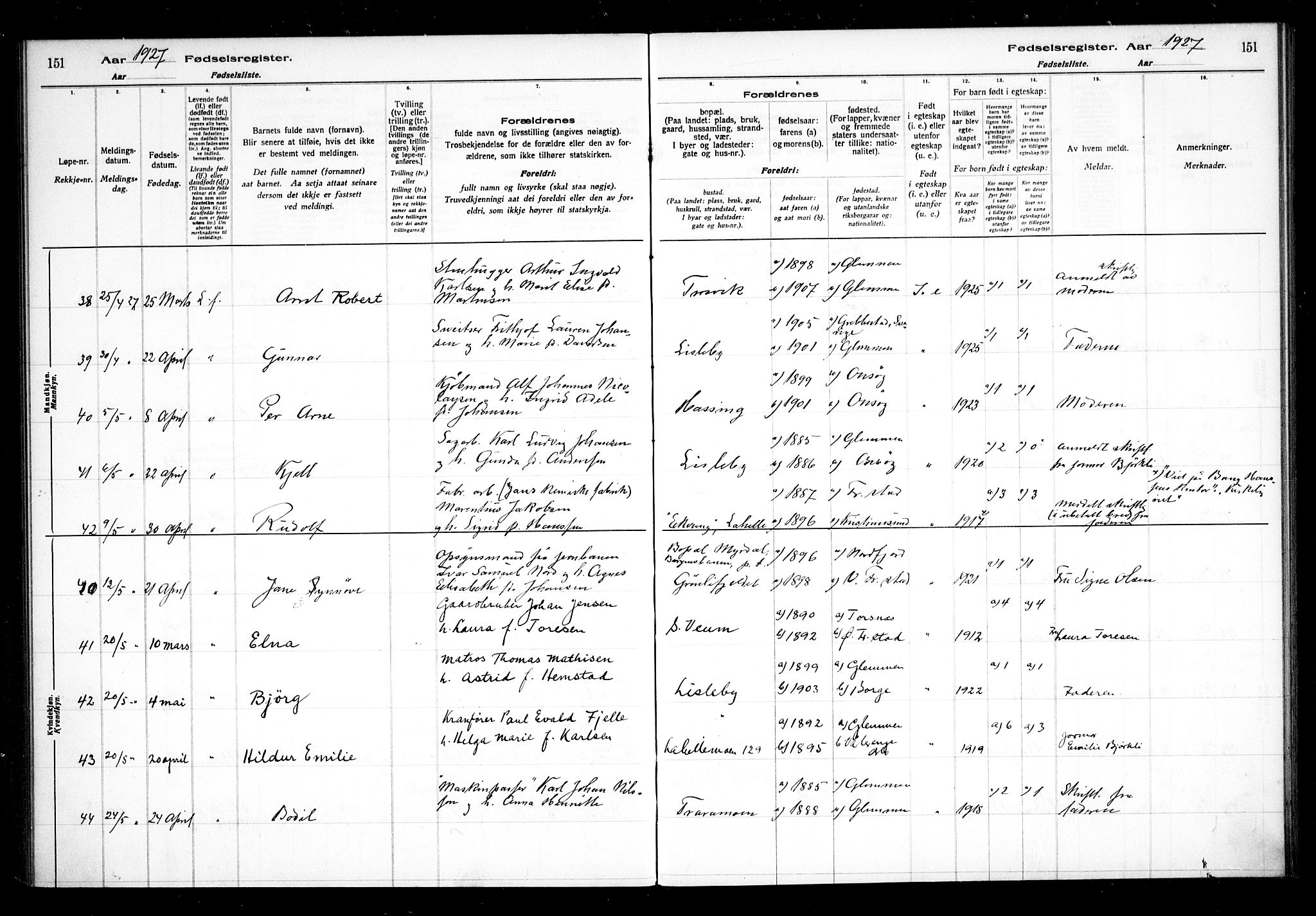 Glemmen prestekontor Kirkebøker, SAO/A-10908/J/Ja/L0002: Birth register no. I 2, 1922-1929, p. 151