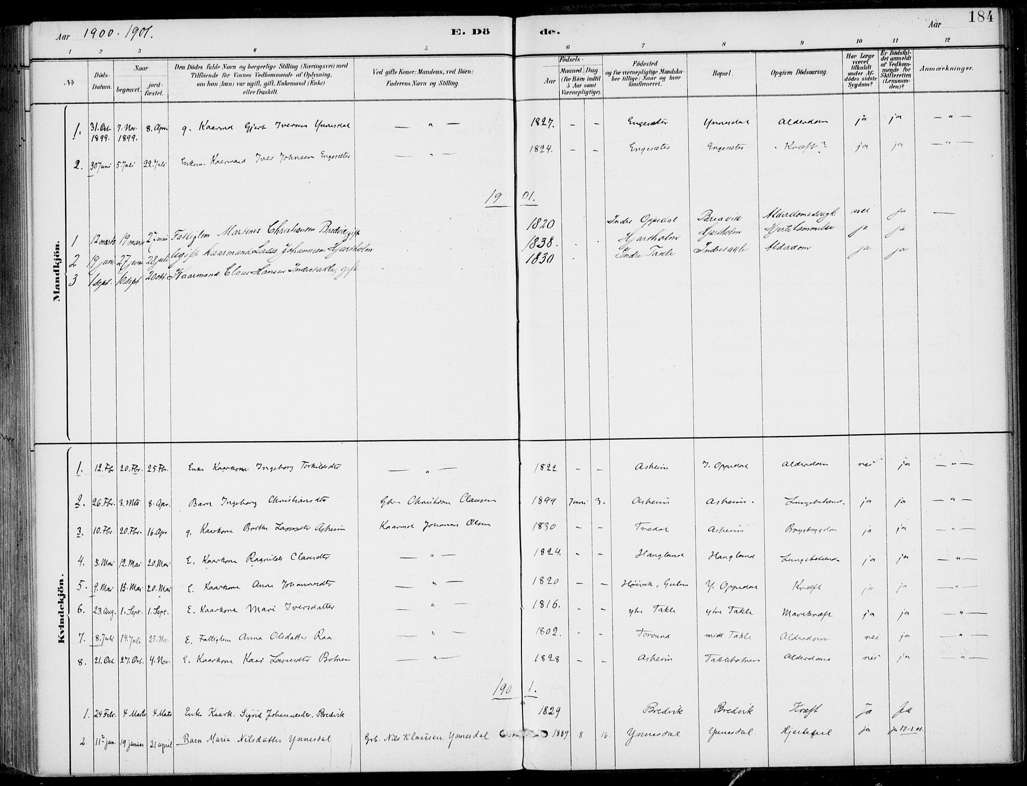 Gulen sokneprestembete, AV/SAB-A-80201/H/Haa/Haac/L0002: Parish register (official) no. C  2, 1882-1914, p. 184