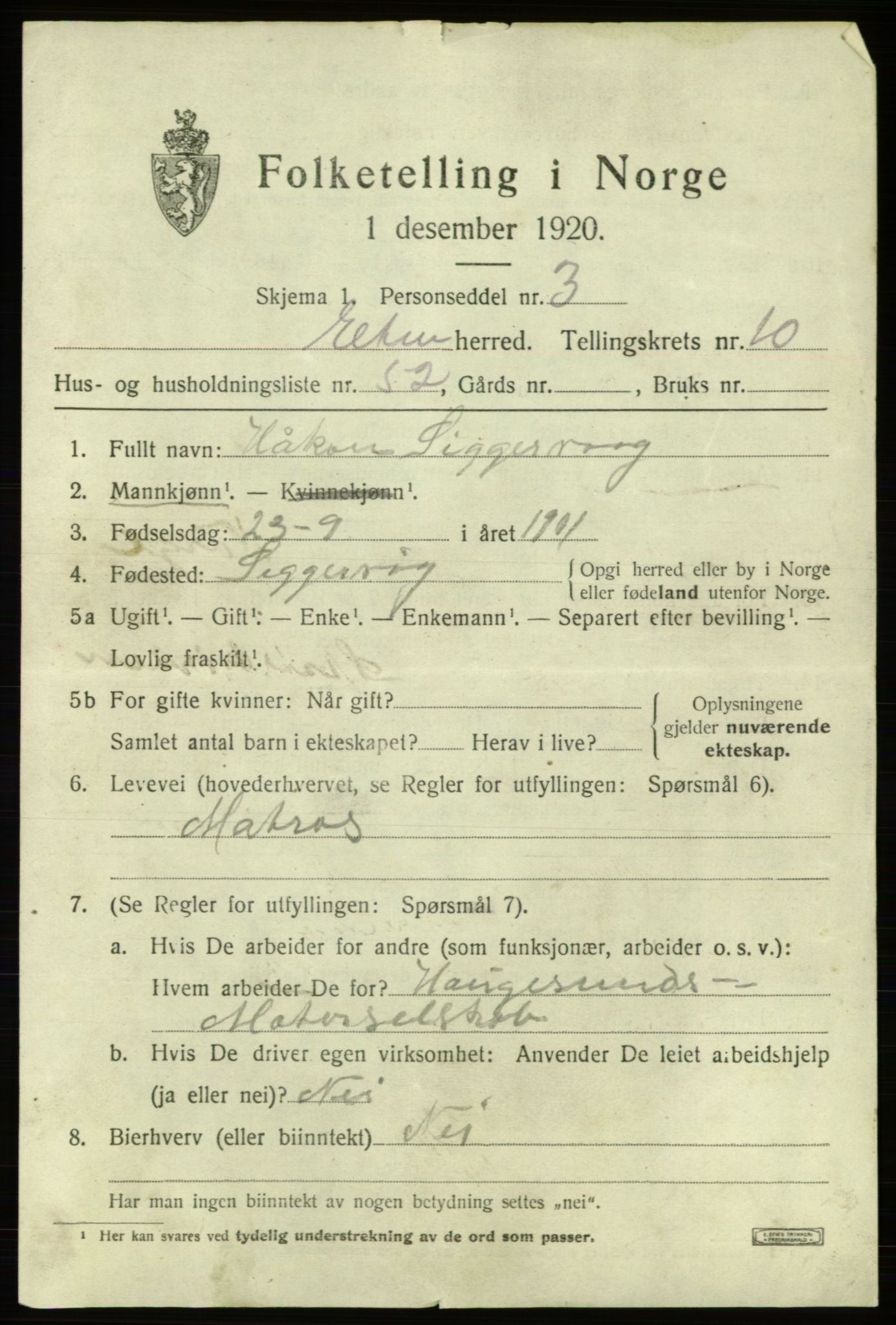 SAB, 1920 census for Etne, 1920, p. 4663