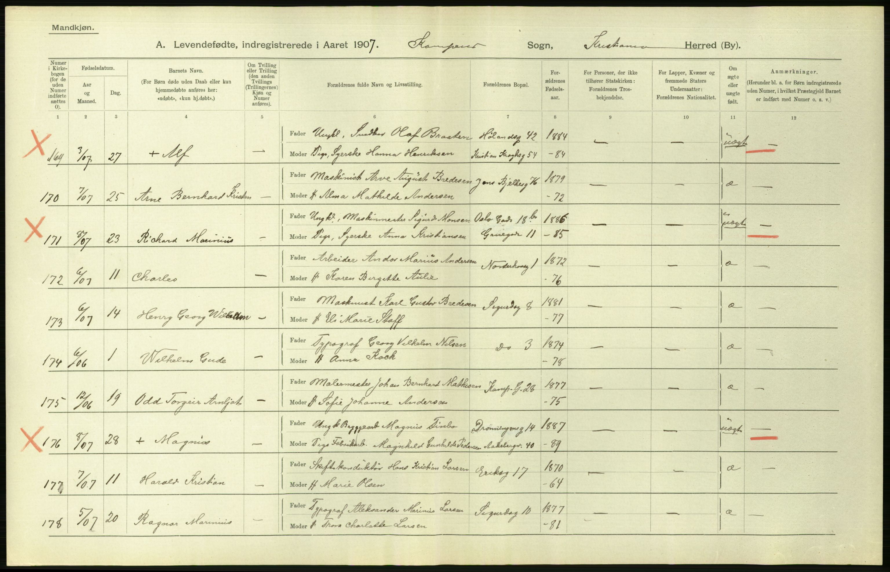 Statistisk sentralbyrå, Sosiodemografiske emner, Befolkning, AV/RA-S-2228/D/Df/Dfa/Dfae/L0007: Kristiania: Levendefødte menn og kvinner., 1907, p. 444