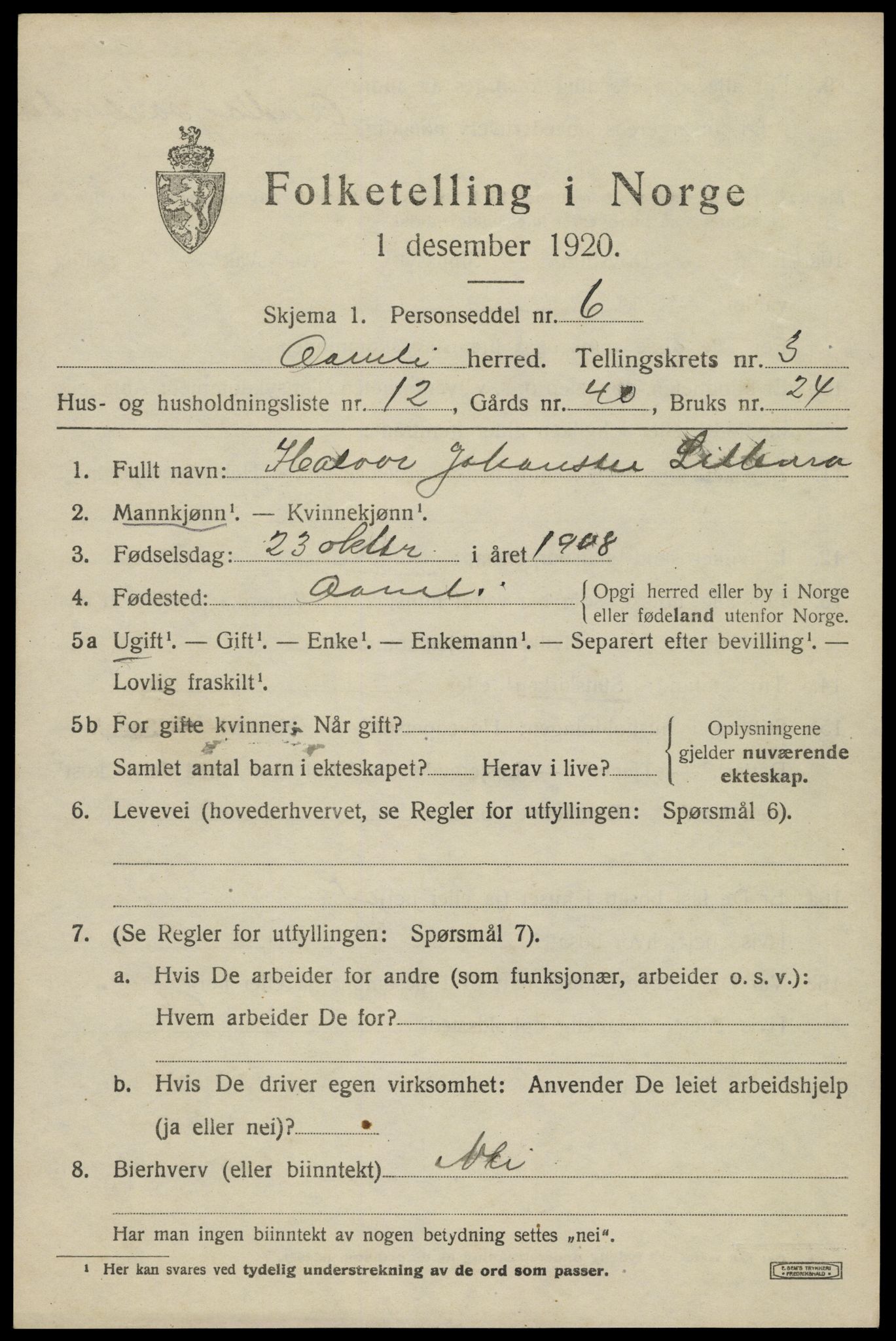 SAK, 1920 census for Åmli, 1920, p. 1407