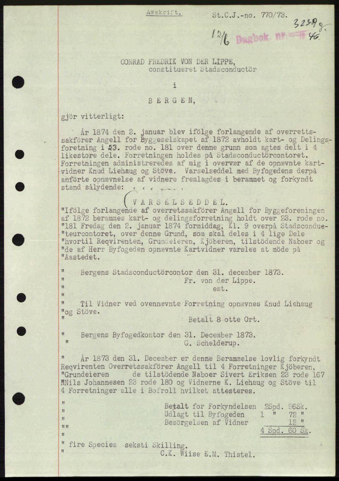 Byfogd og Byskriver i Bergen, SAB/A-3401/03/03Bc/L0022: Mortgage book no. A18, 1946-1946, Diary no: : 3239/1946