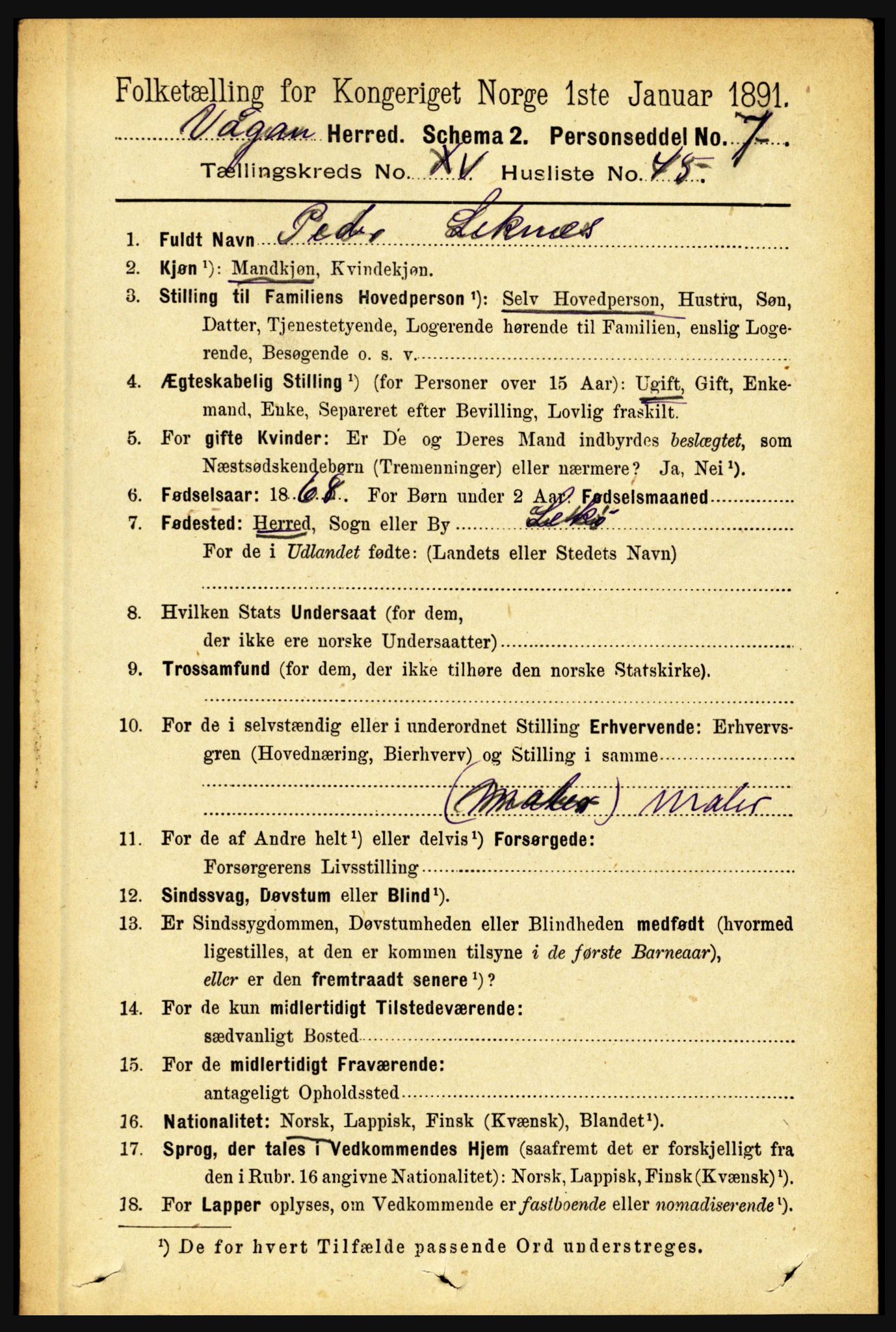 RA, 1891 census for 1865 Vågan, 1891, p. 4478