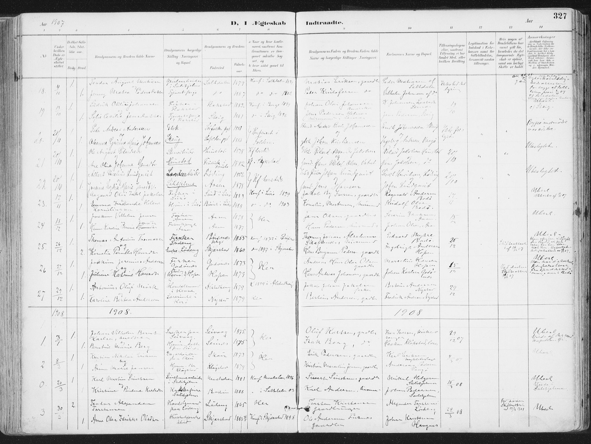 Ministerialprotokoller, klokkerbøker og fødselsregistre - Nordland, AV/SAT-A-1459/802/L0055: Parish register (official) no. 802A02, 1894-1915, p. 327